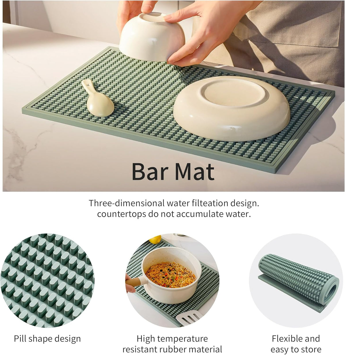 Dish Drying mat - 18" x 12" Green Silicone Drying mat, Kitchen Counter Dish Drying mats,Rubber Dish