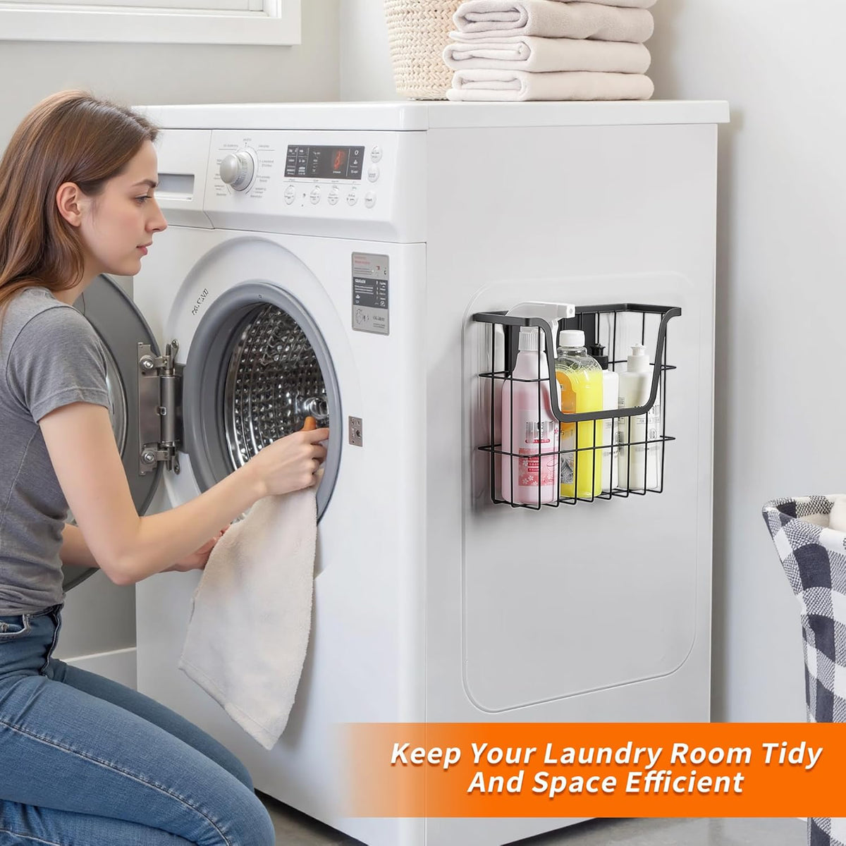 Magnetic Dryer Ball Holder - Black Basket for Laundry Room Organization and Storage with Bamboo Top