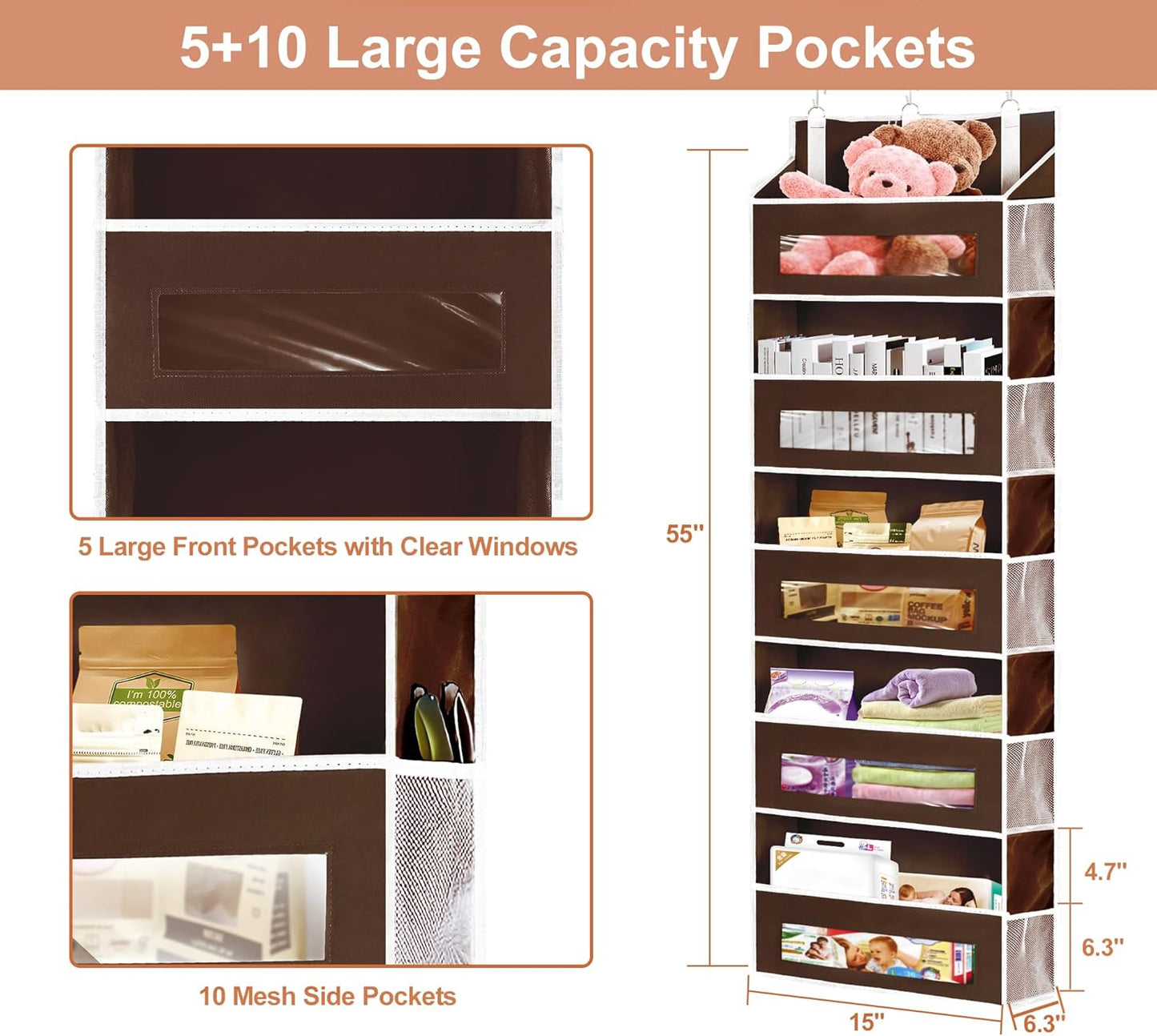 5-Tier Over The Door Storage Organizer with 10 Side Mesh Pockets, 48 lbs Load Capacity, 3 Hooks