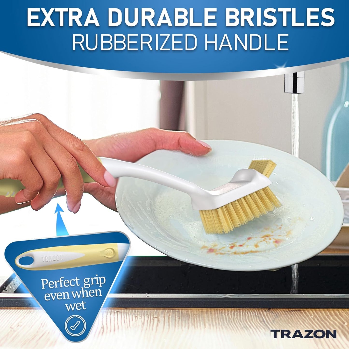Dish Brush Set of 5 with Holder - Kitchen Scrub Brushes with Non-Slip Long Handle for Cleaning