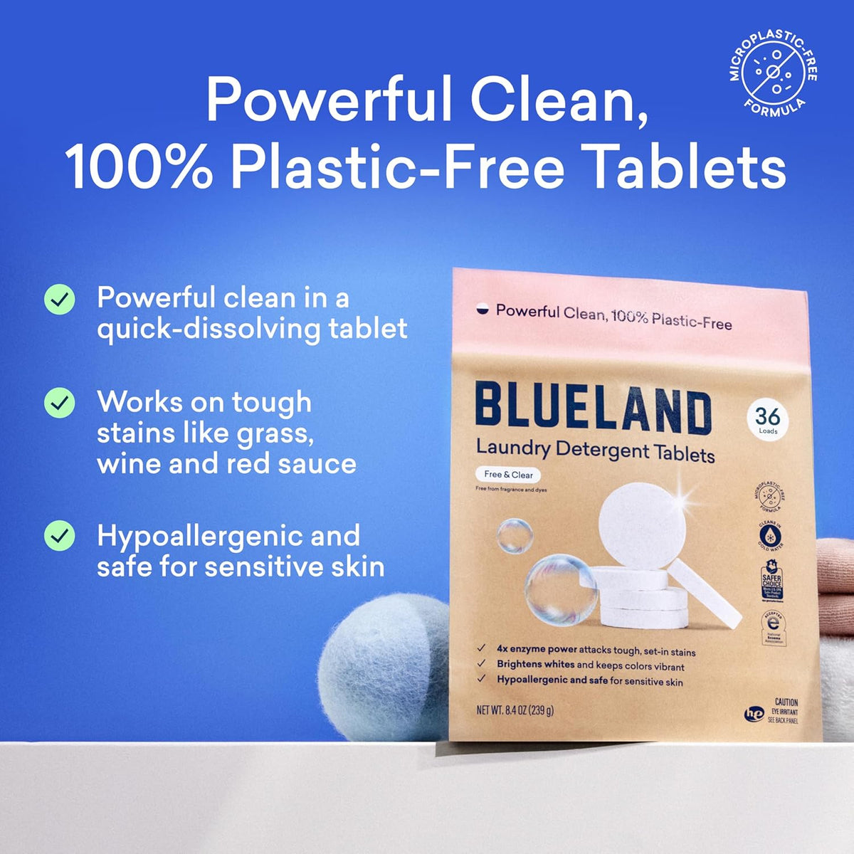 BLUELAND Laundry Detergent Tablets, 60 Count, Plastic-Free Eco-Friendly Pods, Sheets, Liquid