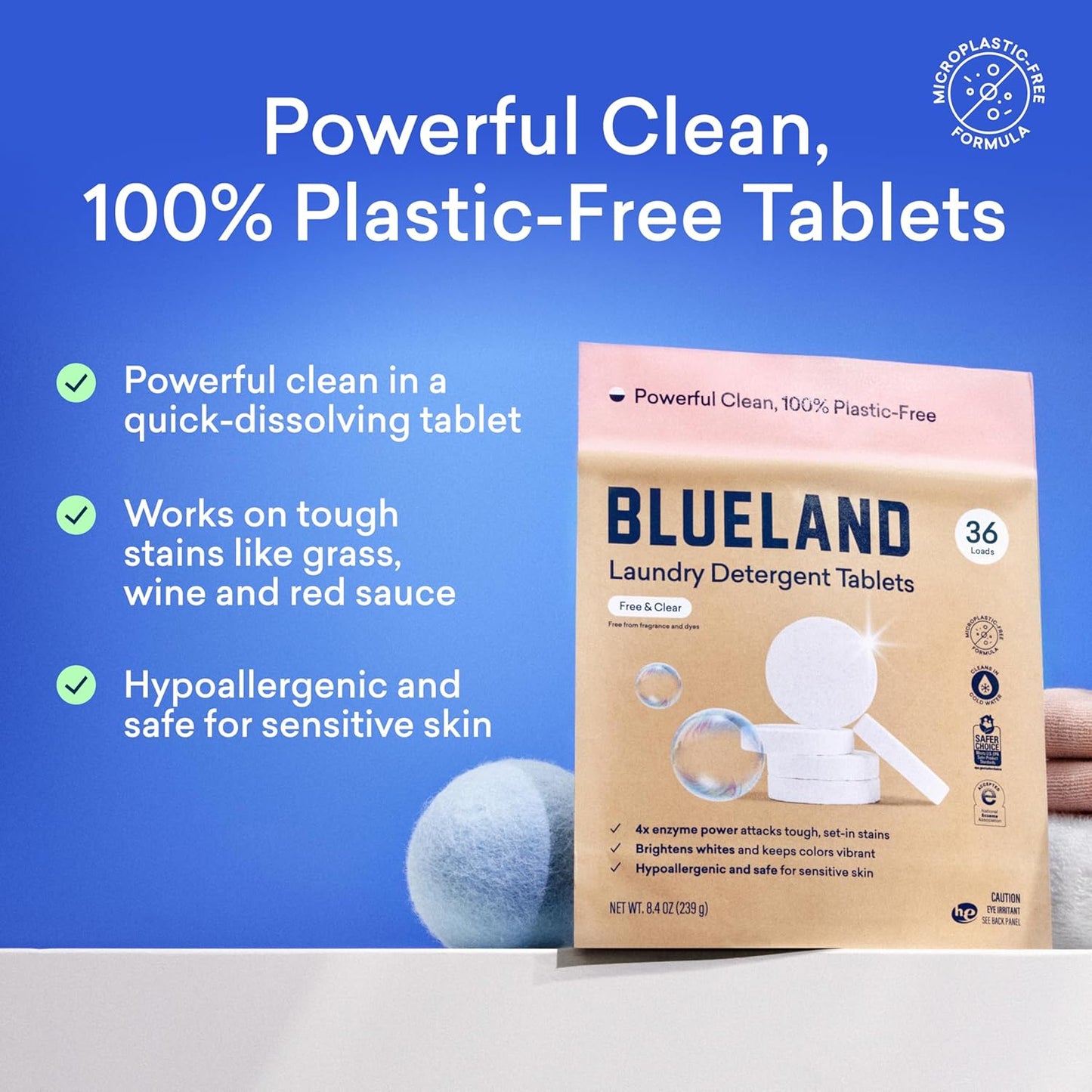 BLUELAND Laundry Detergent Tablets, 36 Count, Plastic-Free Eco-Friendly Pods, Sheets, Liquid