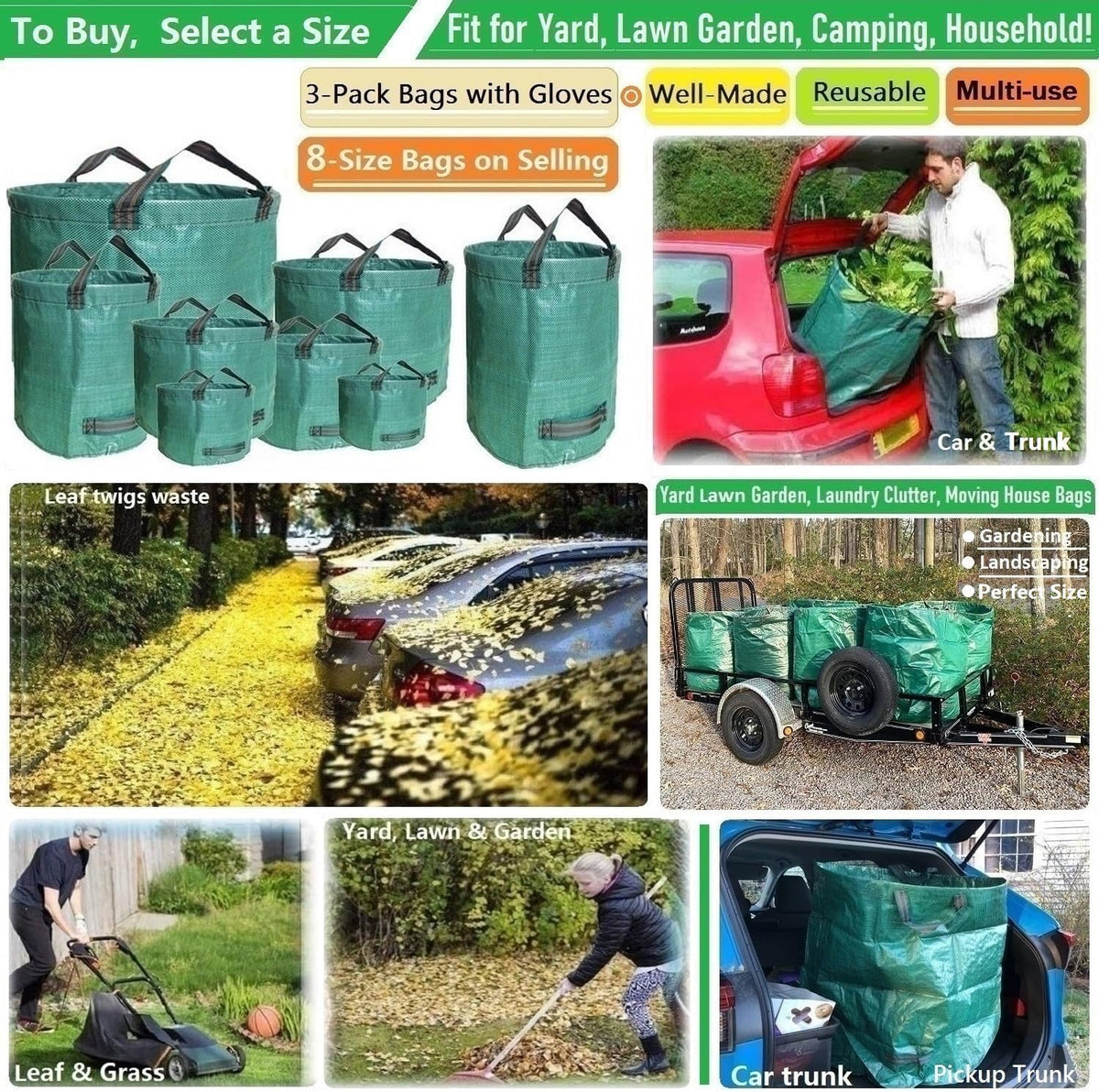 Standard 3-Pack 32 Gallons Yard Garden Bags (D18, H30 inches) with Gardening Gloves, Standable