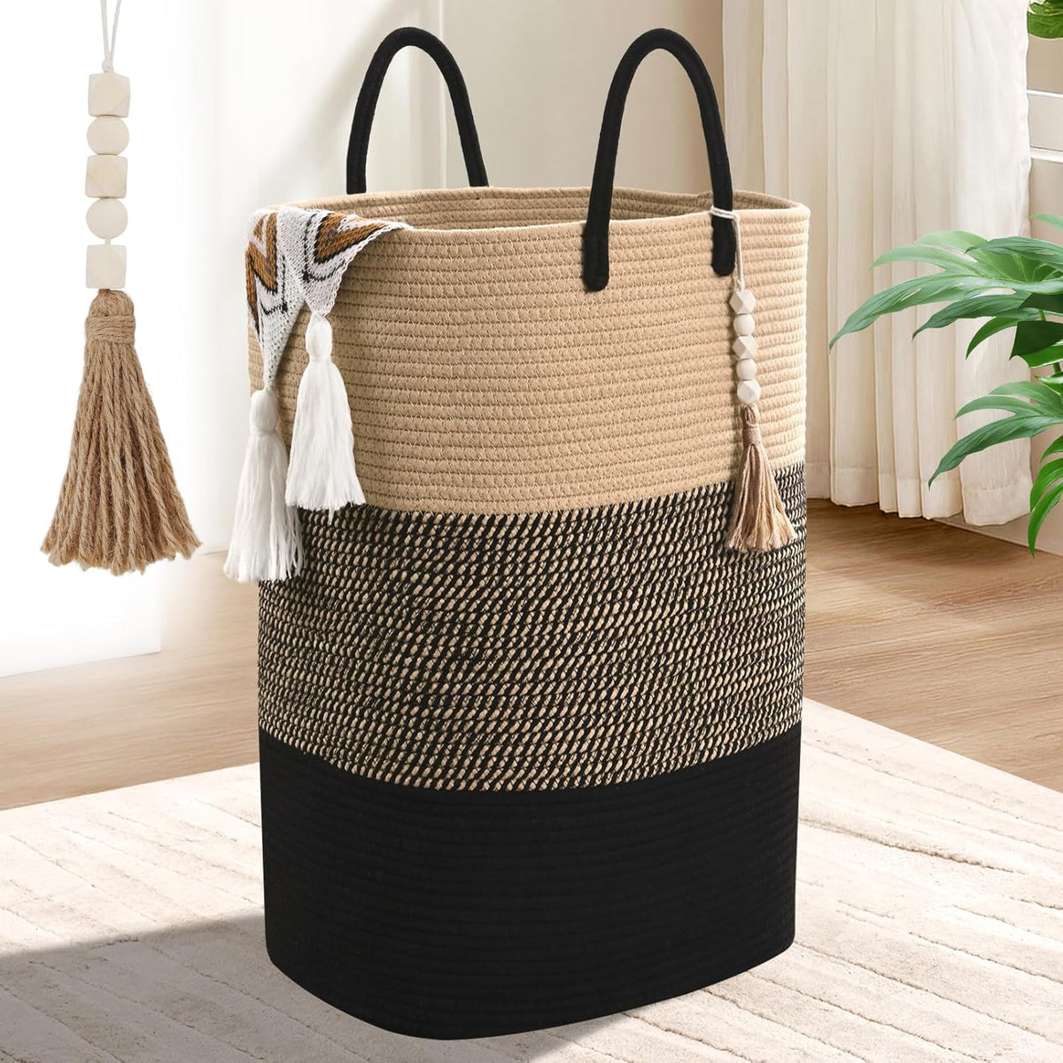 Woven Laundry Basket for Clothes, 50 L Large Rectangle Laundry Hampers with Beads Tassel, Nursery