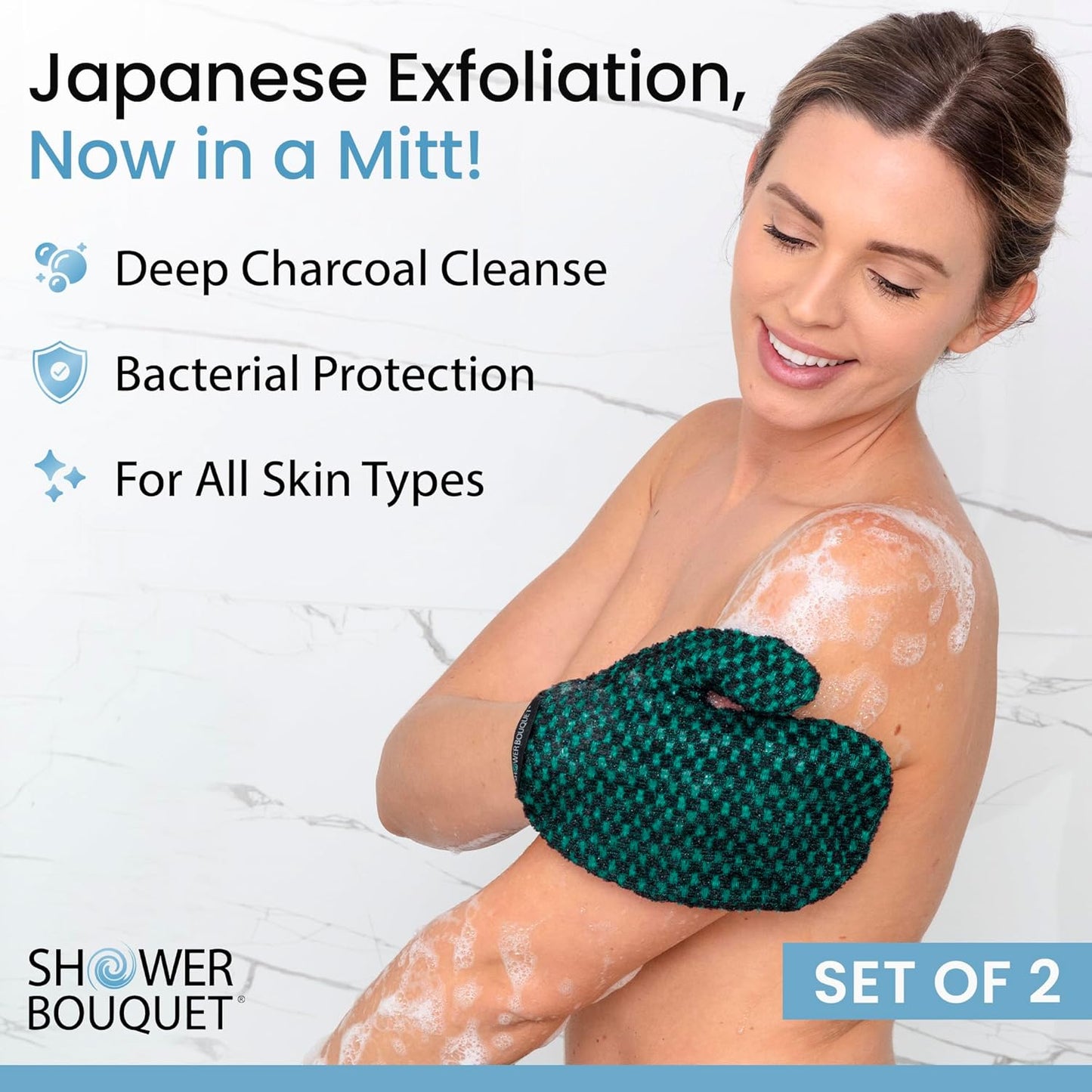Japanese Exfoliating Mitt 2-Pack - Charcoal & Silver Ion Exfoliating Gloves for Shower - Soft Inner