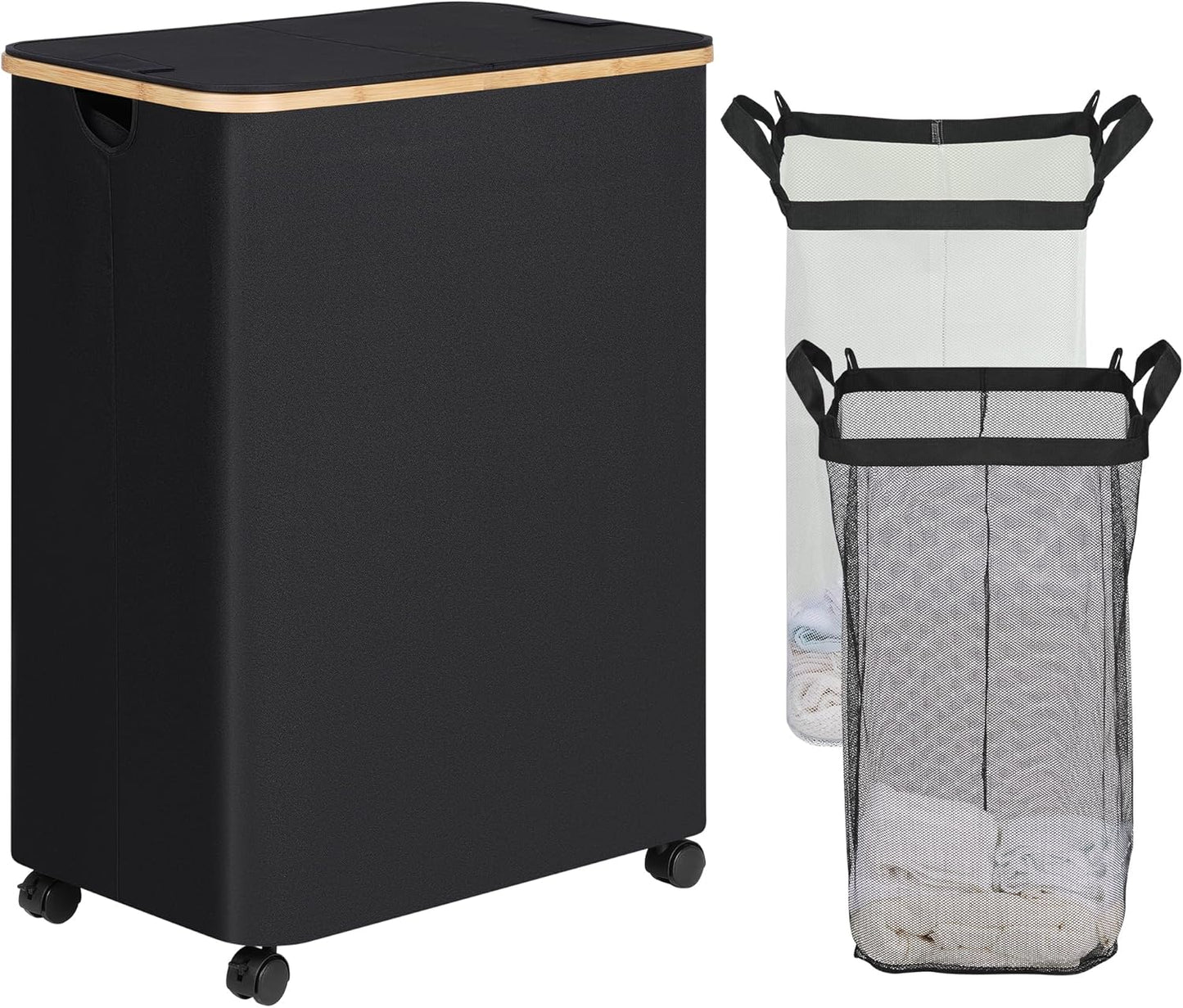 efluky Double Laundry Hamper with Wheels, Divided Laundry Hamper with Removable Bags, 2 Section