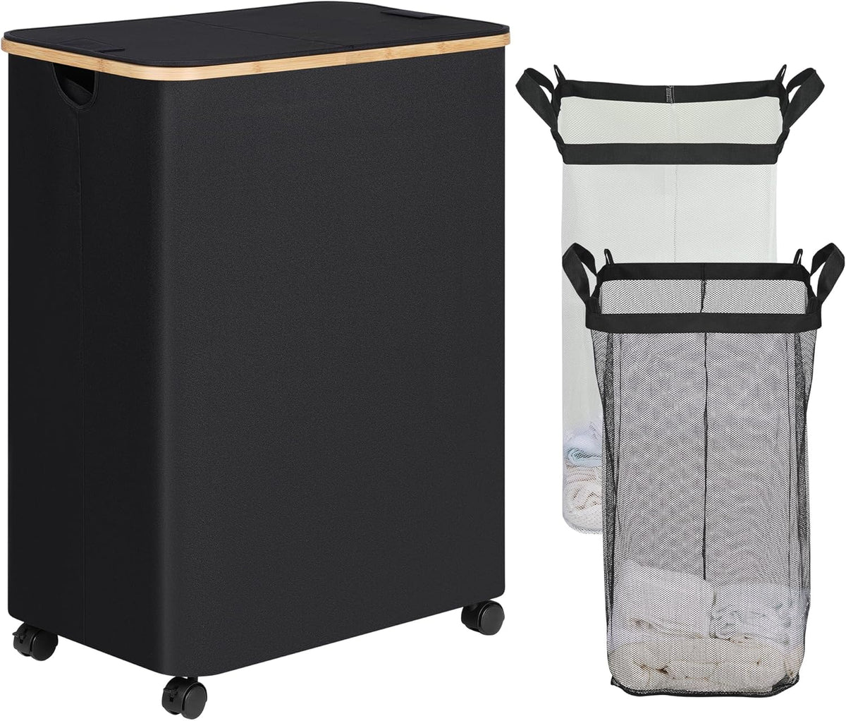 efluky Double Laundry Hamper with Wheels, Divided Laundry Hamper with Removable Bags, 2 Section