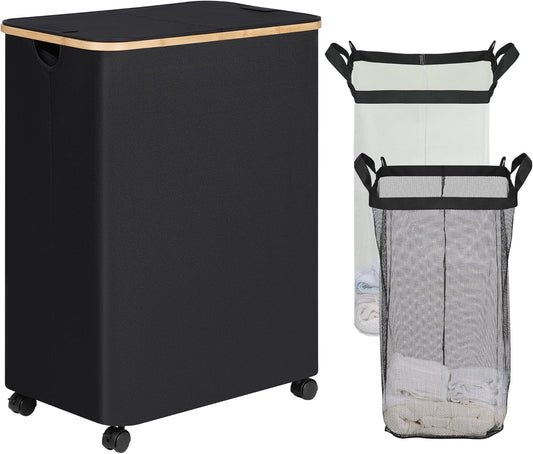 efluky Double Laundry Hamper with Wheels, Divided Laundry Hamper with Removable Bags, 2 Section