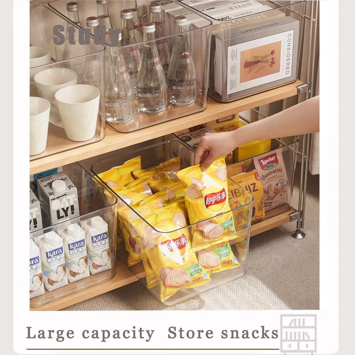 Clear plastic storage bins with LIDS-3packs,storage containers for snacks, cosmetics, books, dog