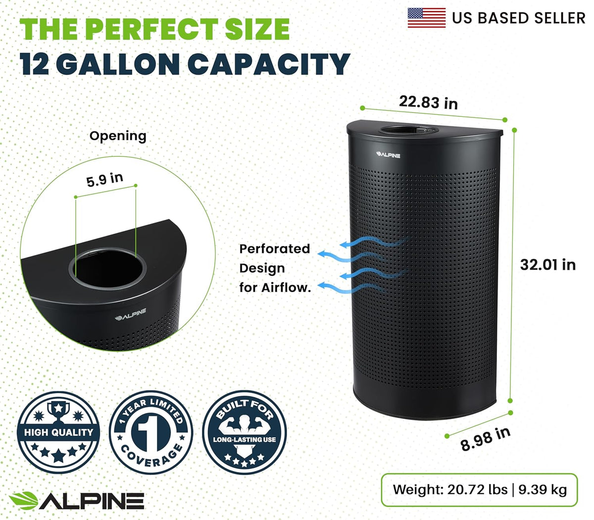 Alpine Half Round Trash Can Open Top - Modern Black Metal 12 Gallon, Space Saving Indoor Commercial