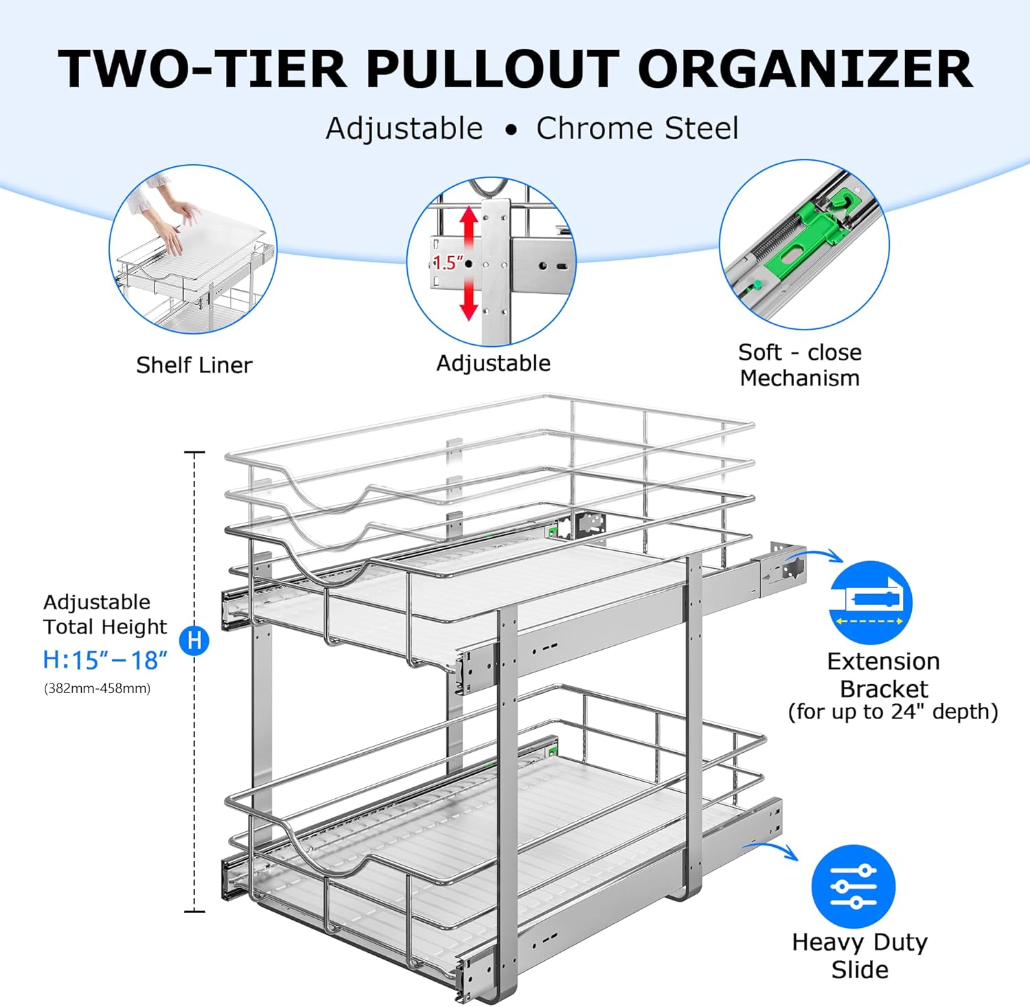 WelFurGeer 2-Tier Stainless Steel Pull Out Cabinet Organizer, Soft Close Damping Slides, Heavy Duty