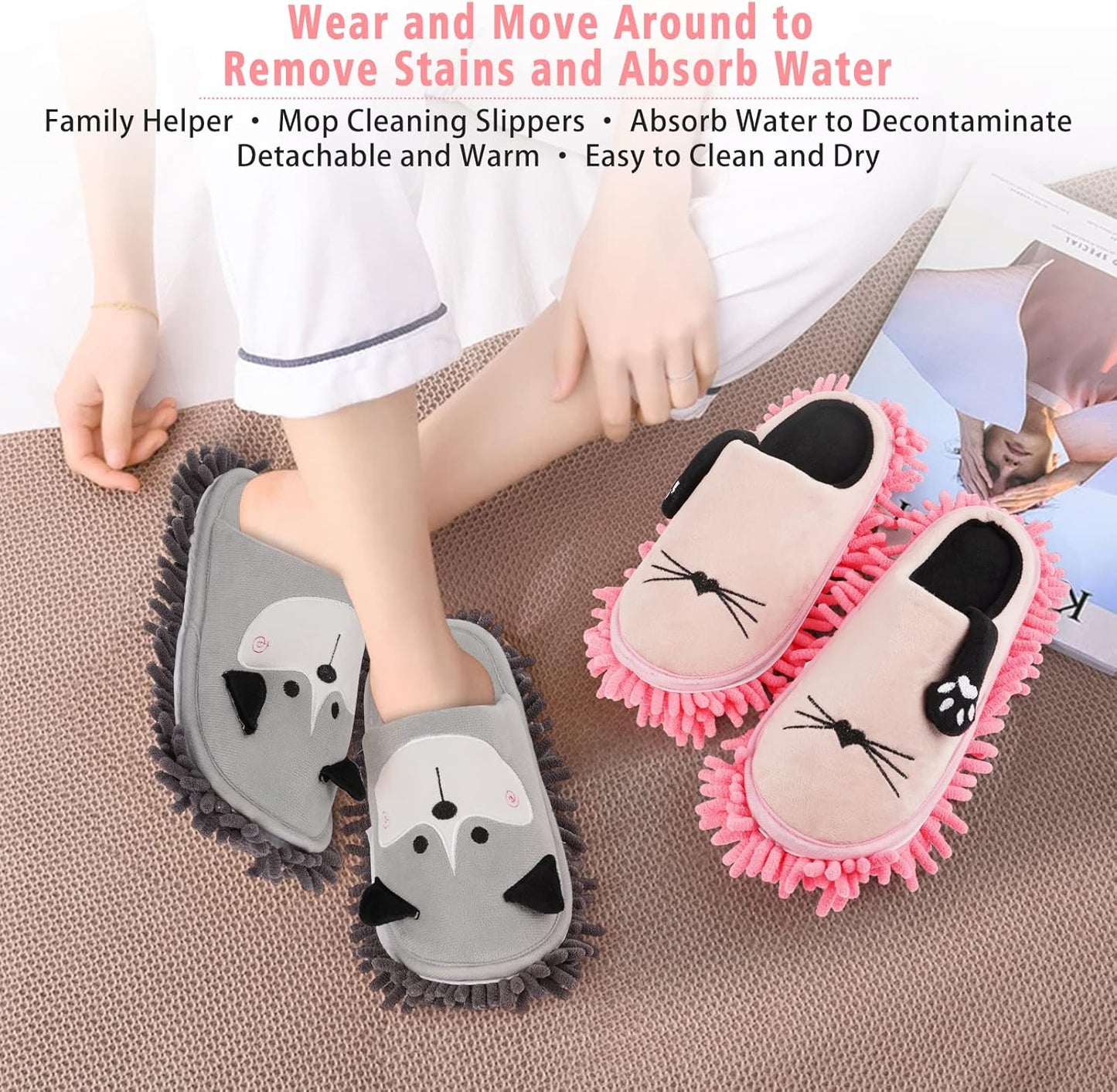 Cartoon Dog Mop Slippers Microfiber Clean Dusting Slippers Detachable Mopping Shoes for Office Home