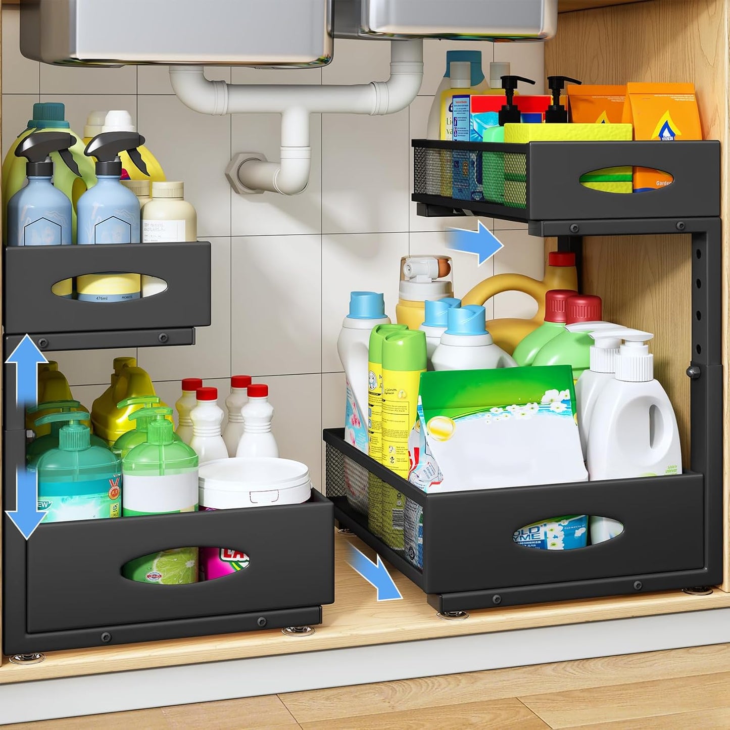 Under Sink Organizer, 2 Tier Pull Out Under Cabinet Organizer Shelf with Pad for Framed Cabinets