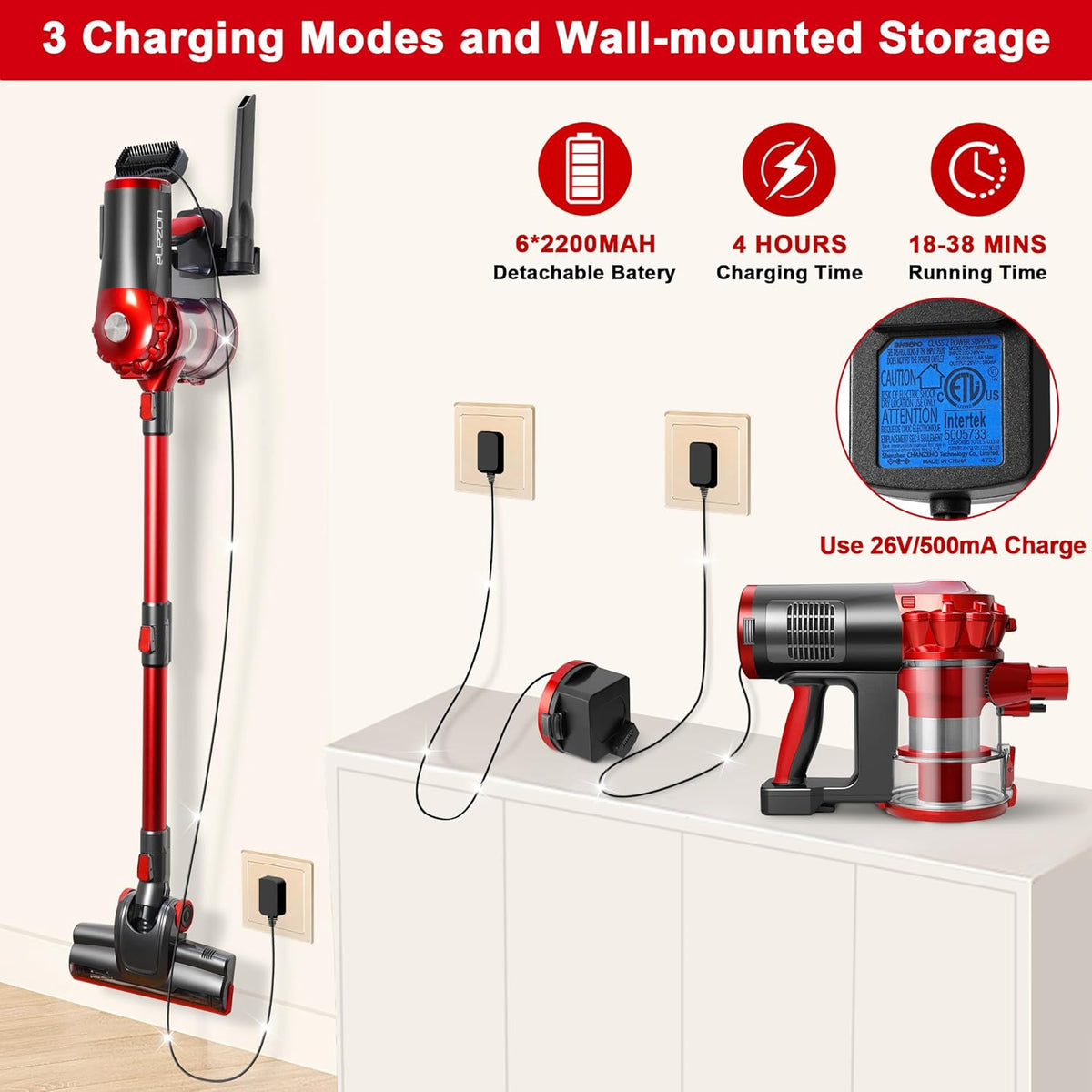 elezon A200 Cordless Vacuum Cleaner with 18000Pa Powerful Suction, 38 Min Runtime, 2200mAh Battery