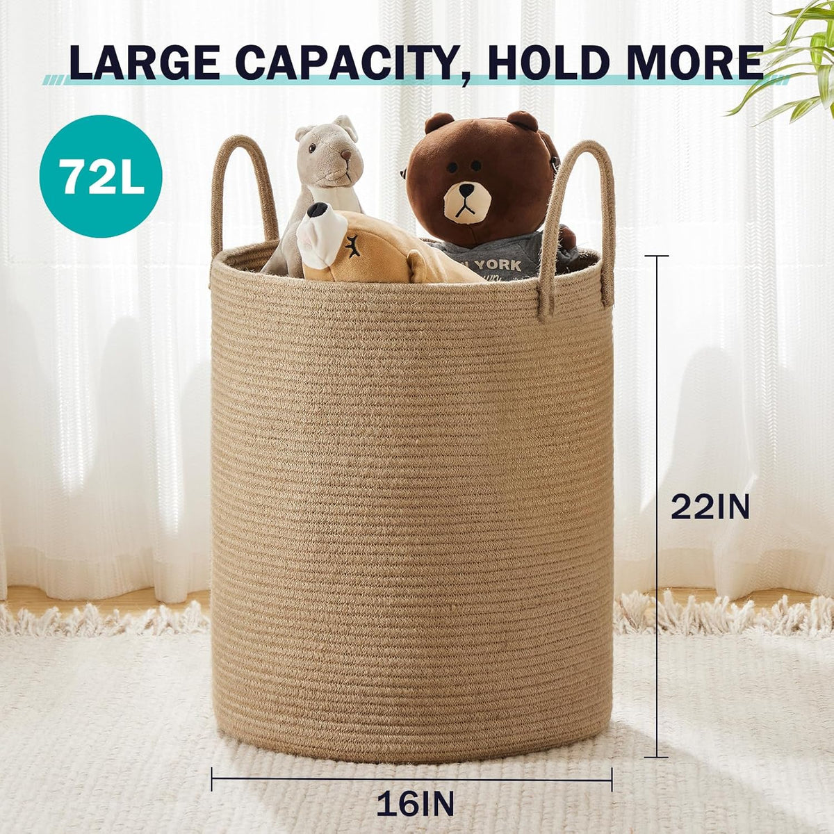 Jute Rope Woven Laundry Hamper Basket by YOUDENOVA, 72L Tall Luandry Basket, Baby Nursery Hamper
