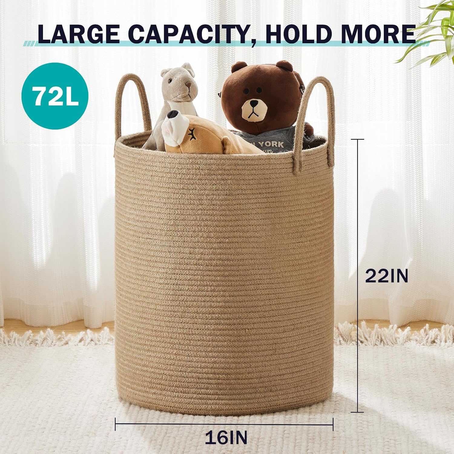 Jute Rope Woven Laundry Hamper Basket by YOUDENOVA, 72L Tall Luandry Basket, Baby Nursery Hamper