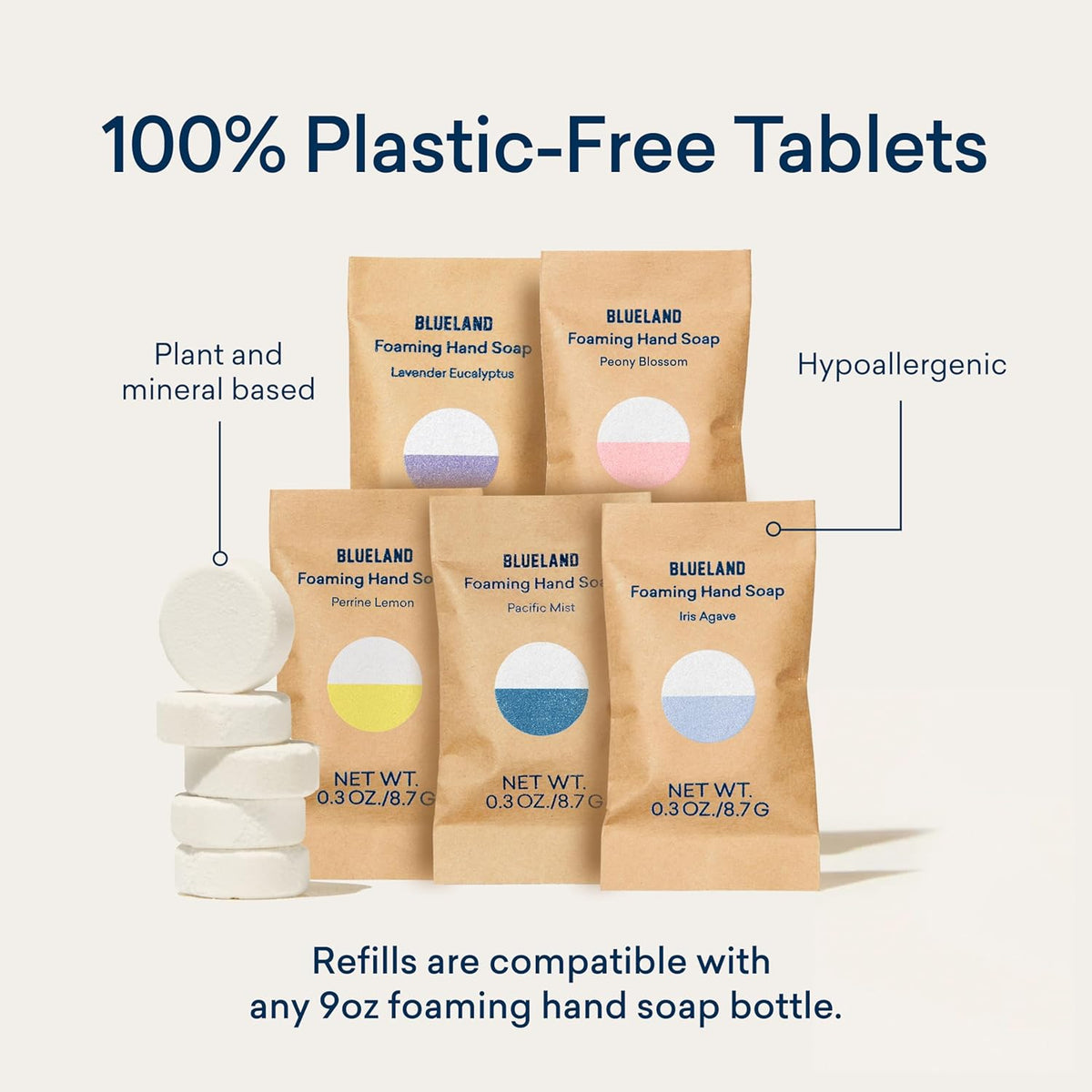 BLUELAND Foaming Hand Soap Refill Tablets, 10-Pack, Fragrance Free, Eco Friendly Cleaning Products