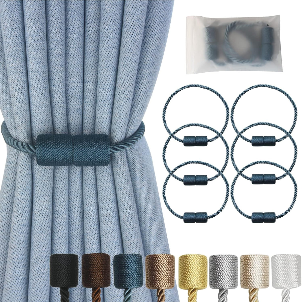 Magnetic Curtain Tiebacks 6 Pack Blue Curtain Rope Tieback Curtain Holders for Drapes Modern Tie