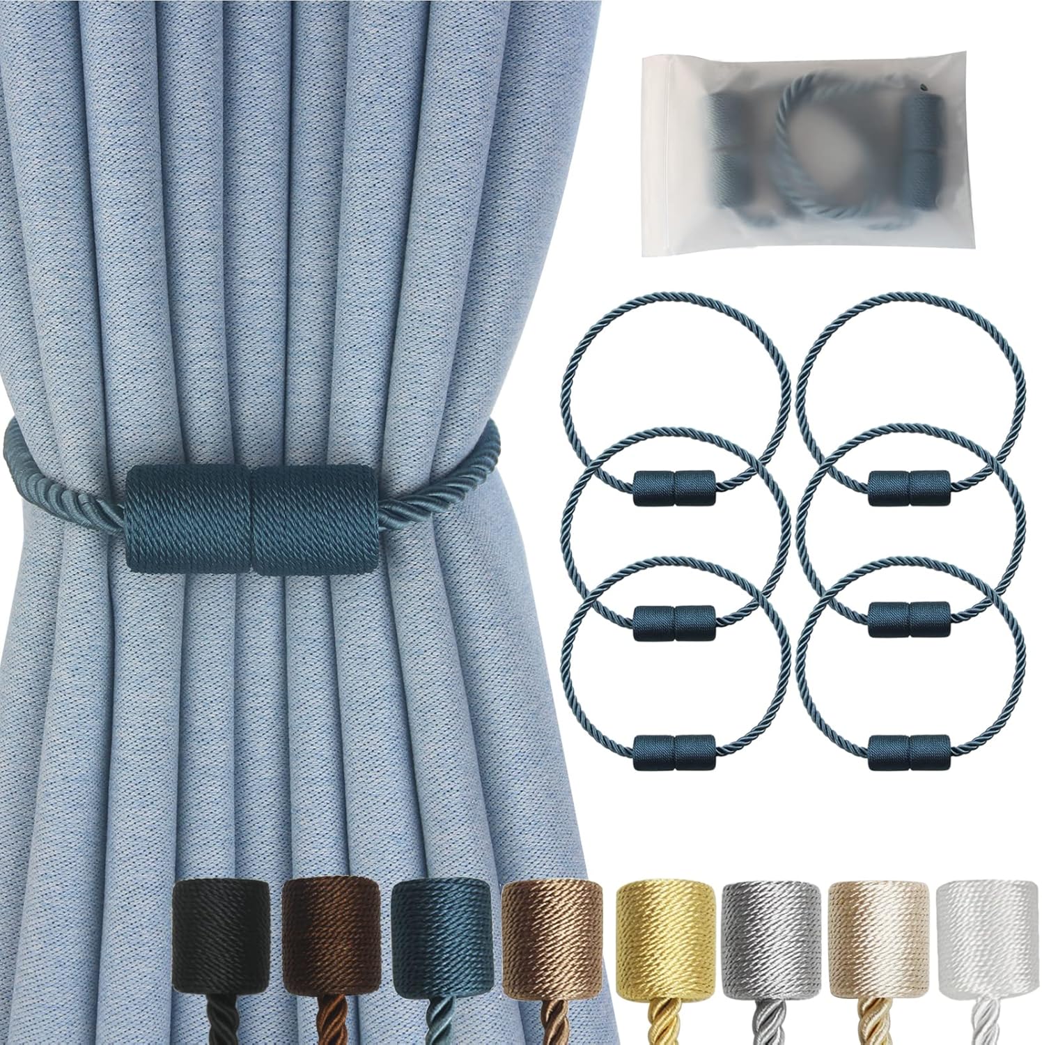 Magnetic Curtain Tiebacks 6 Pack Blue Curtain Rope Tieback Curtain Holders for Drapes Modern Tie