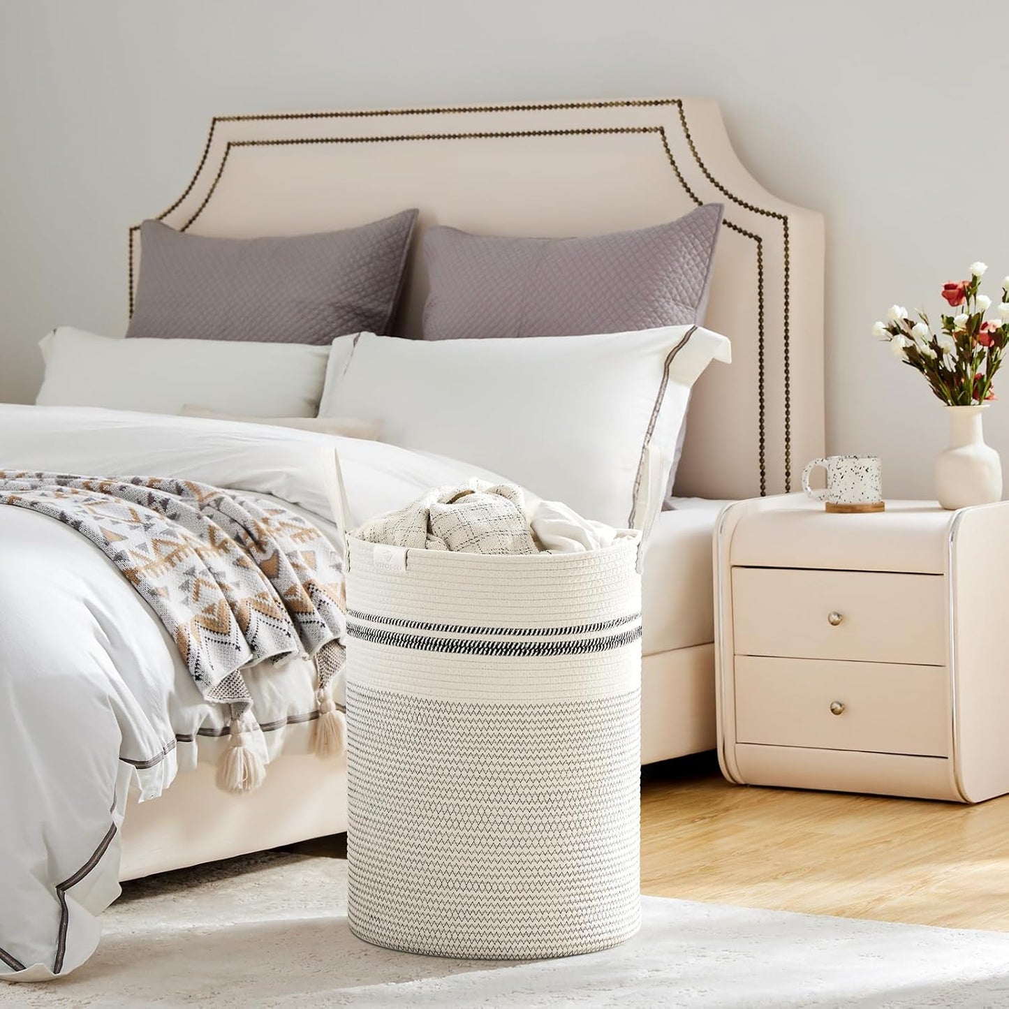 VIPOSCO Tall Laundry Basket, Large Dirty Clothes Hamper with Leather Handle, Woven Rope Storage