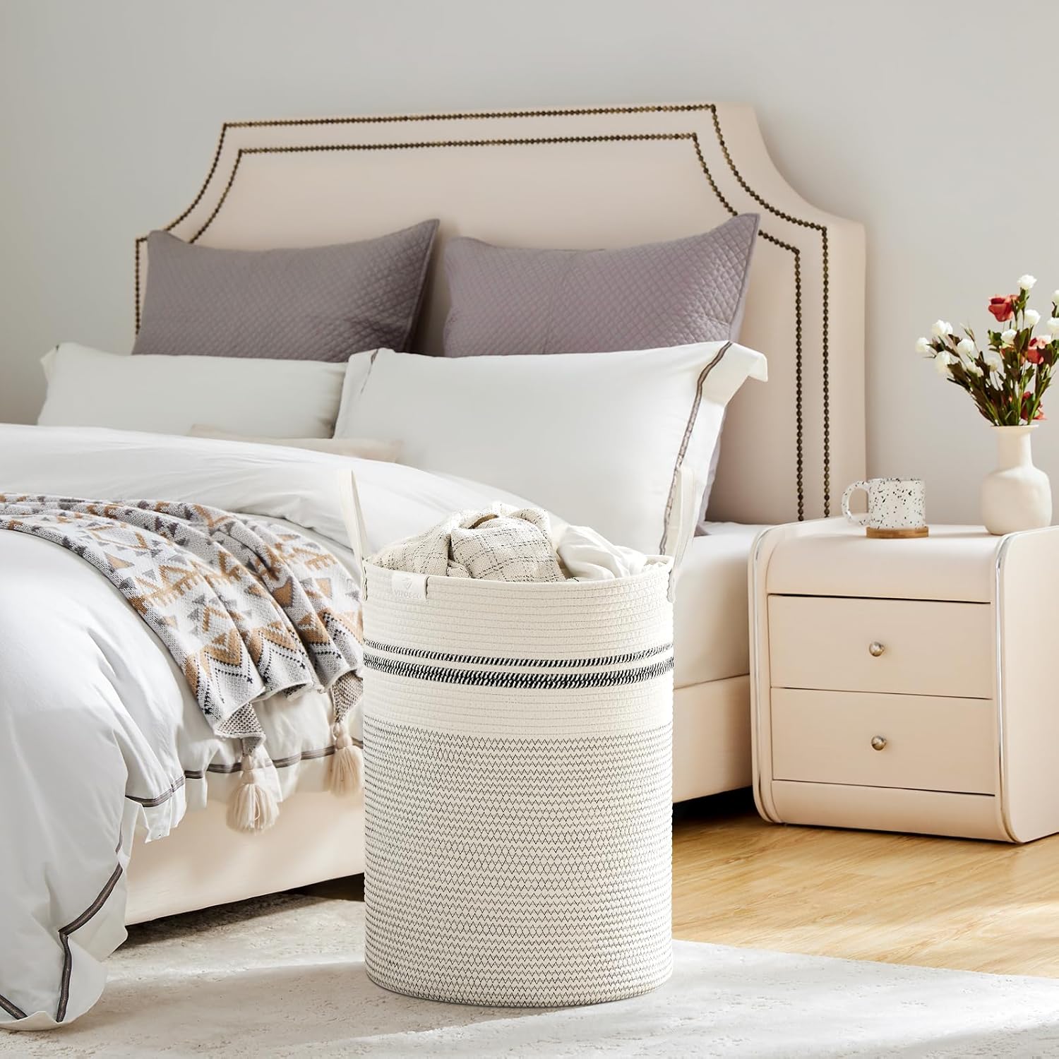 VIPOSCO Tall Laundry Basket, Large Dirty Clothes Hamper with Leather Handle, Woven Rope Storage