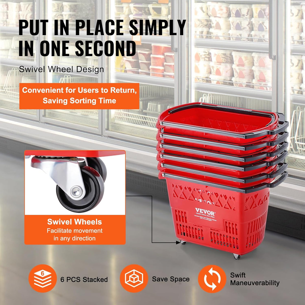 VEVOR Shopping Carts with Handles, 6PCS, 39L Plastic Rolling Shopping Basket with Wheels, Large