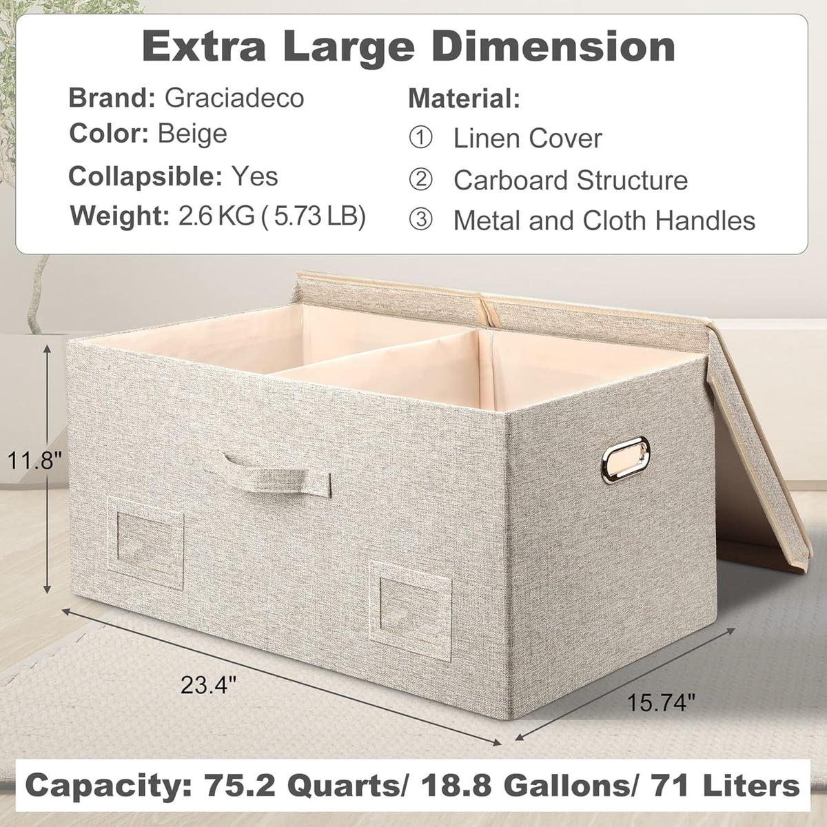 75 Quarts Extra Large Decorative Storage Bins with Lids, 3 Packs Beige Collapsible Storage Bins