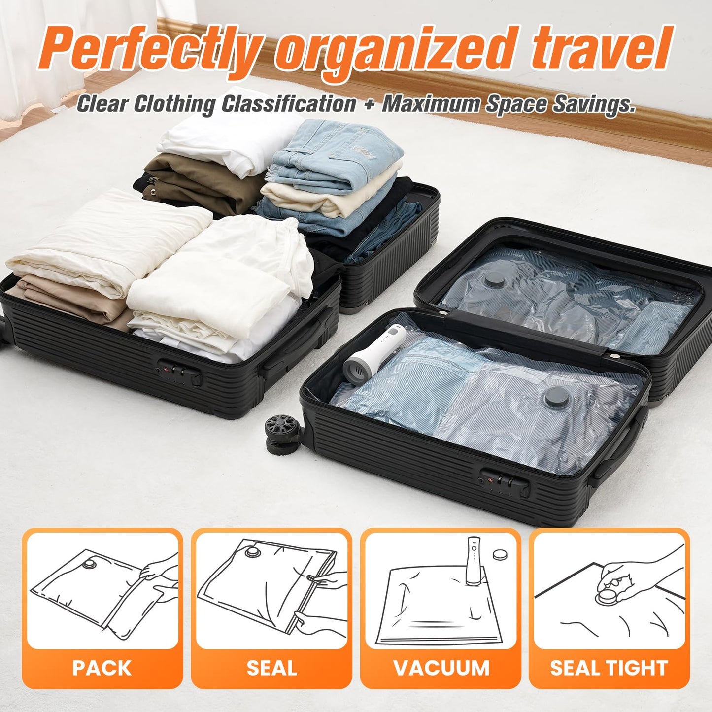 15 Pack Vacuum Storage Bags for Travel with Cordless Pump, Space Saver Bags for Clothes