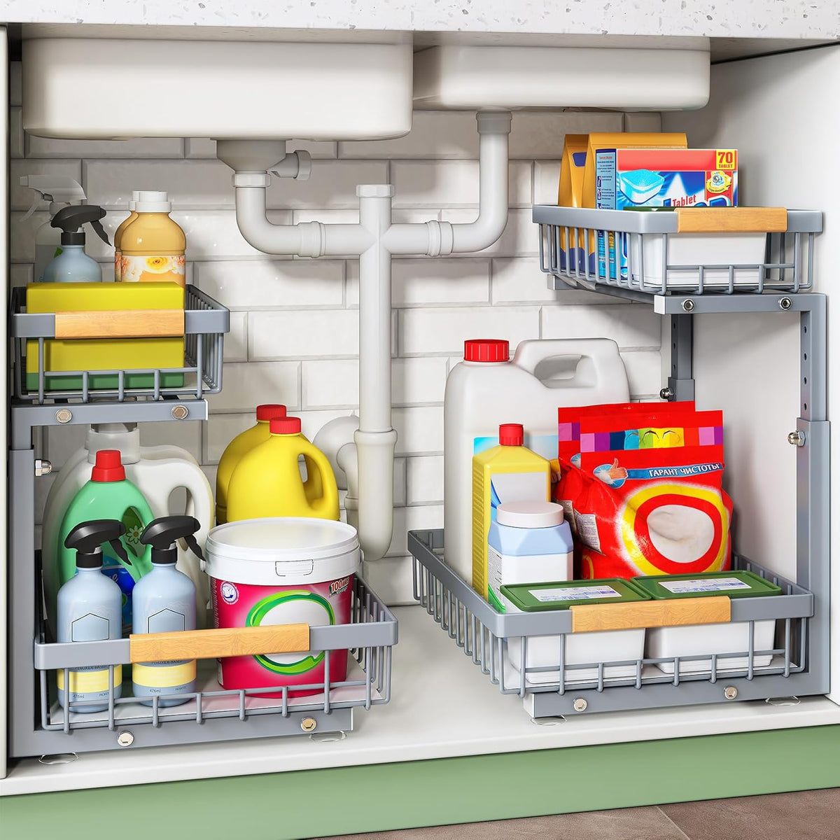 Under Sink Organizer, 2 Packs 2 Tier Under Sink Organizers and Storage, Slide out Pull out Cabinet