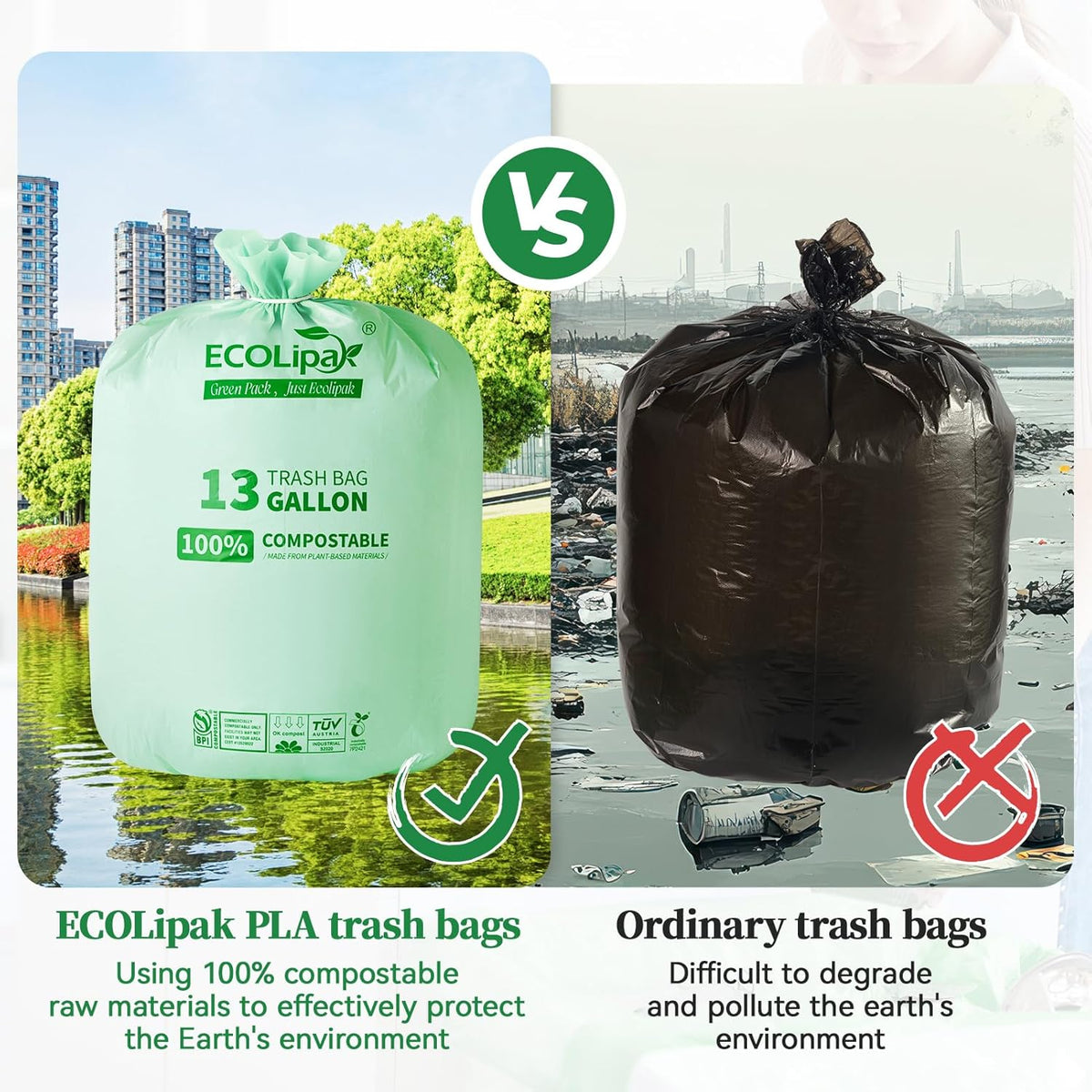 ECOLipak 13 Gallon Compostable Trash Garbage Bags, 100 Count (2 Rolls) Biodegradable Heavy Duty