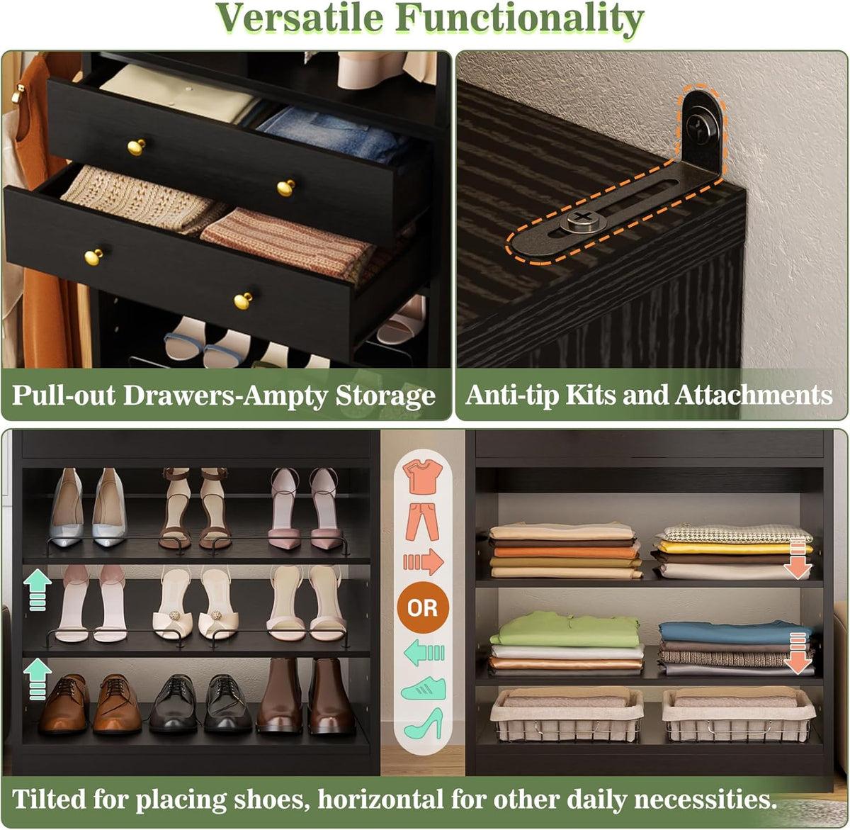Closet System, Up to 134"/11.2 FT Closet Organizer with 4 Wooden Drawers and Shelves, Walk-in