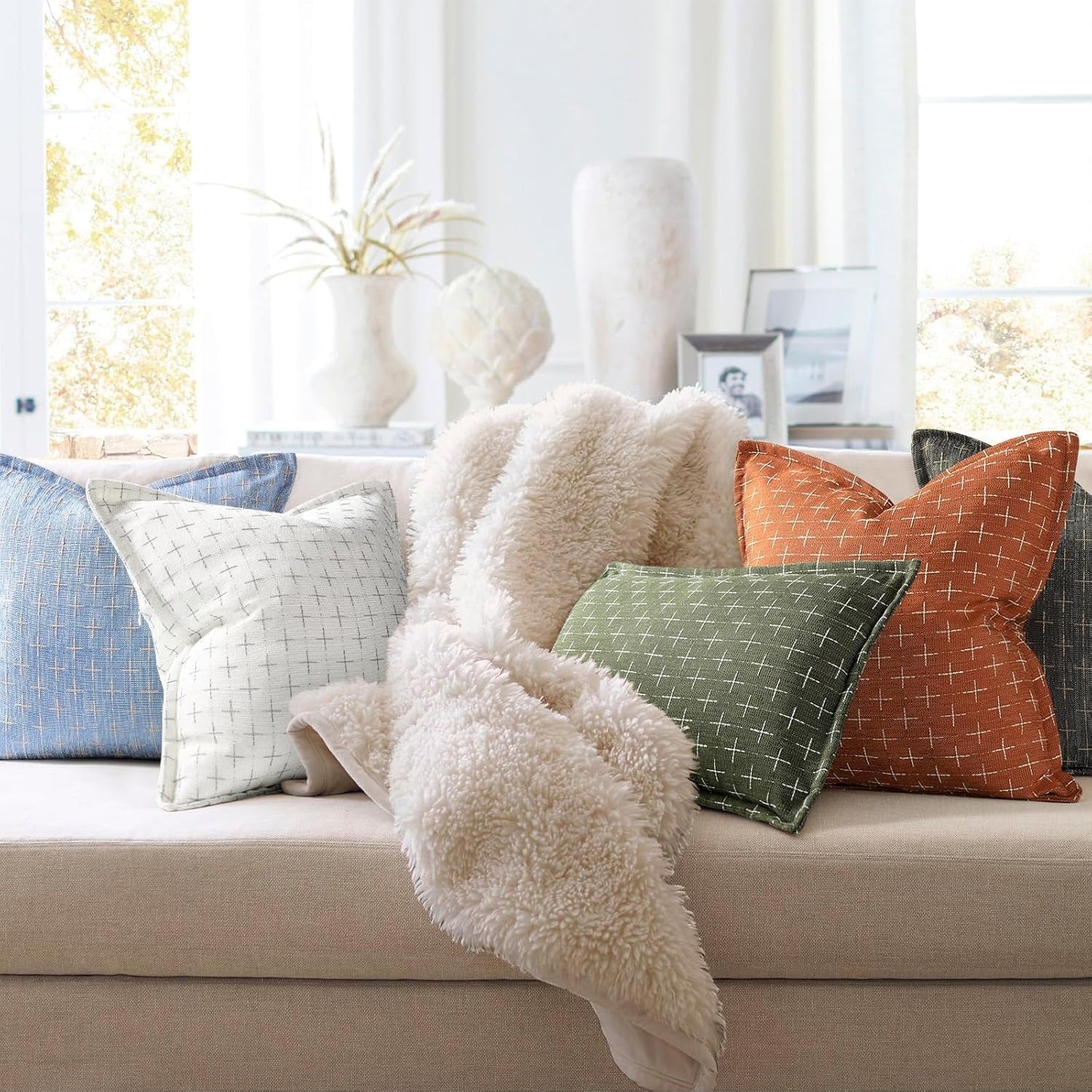 ZWJD Pillow Covers 24x24 Set of 2 Soft Fall Decor Polyester Textured Pillow Covers with Stylish