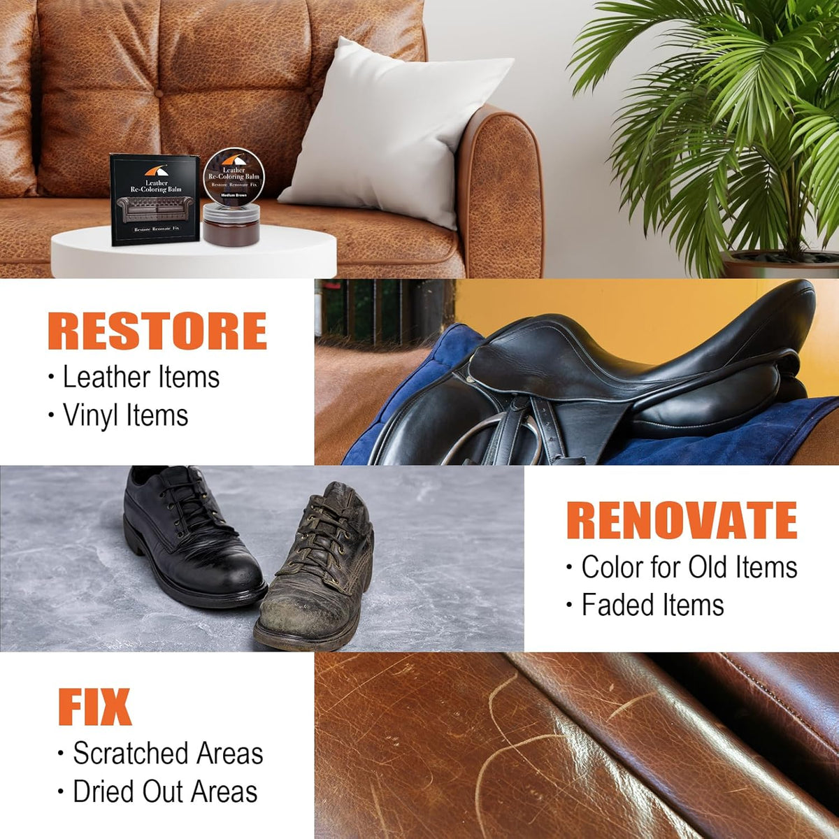 Medium Brown Leather Repair Kit - Recoloring Balm & Dye to Restore Scratches, Faded & Aged Leather