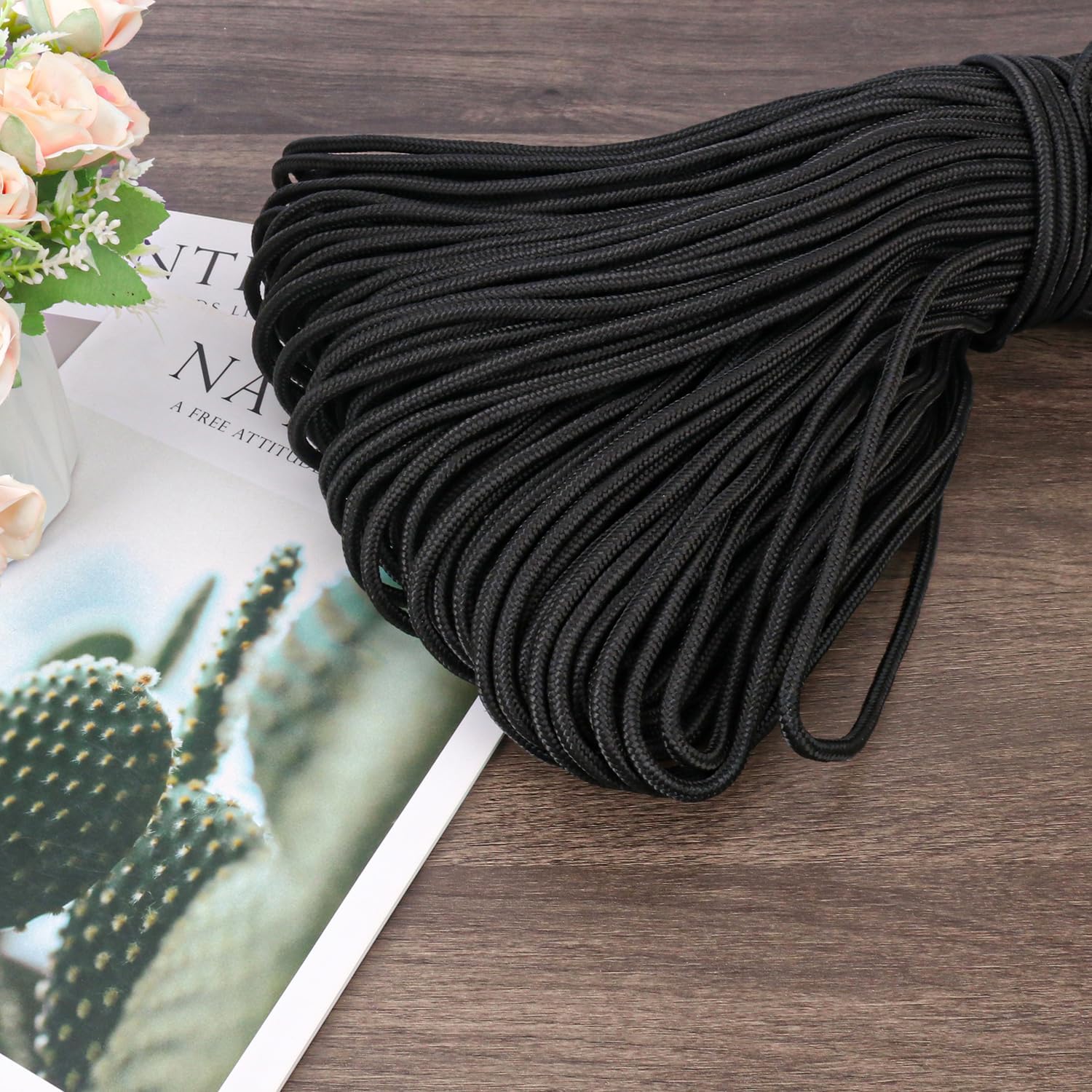 500 Feet 1/4 Inch Black Polyester Rope, 6 mm Polypropylene Utility Rope for Kayaking, Camping, Home