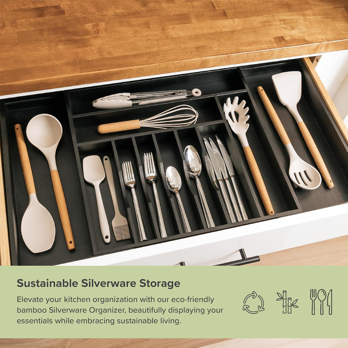 KitchenEdge Premium Silverware, Flatware and Utensil Organizer for Kitchen Drawers, Food-Safe