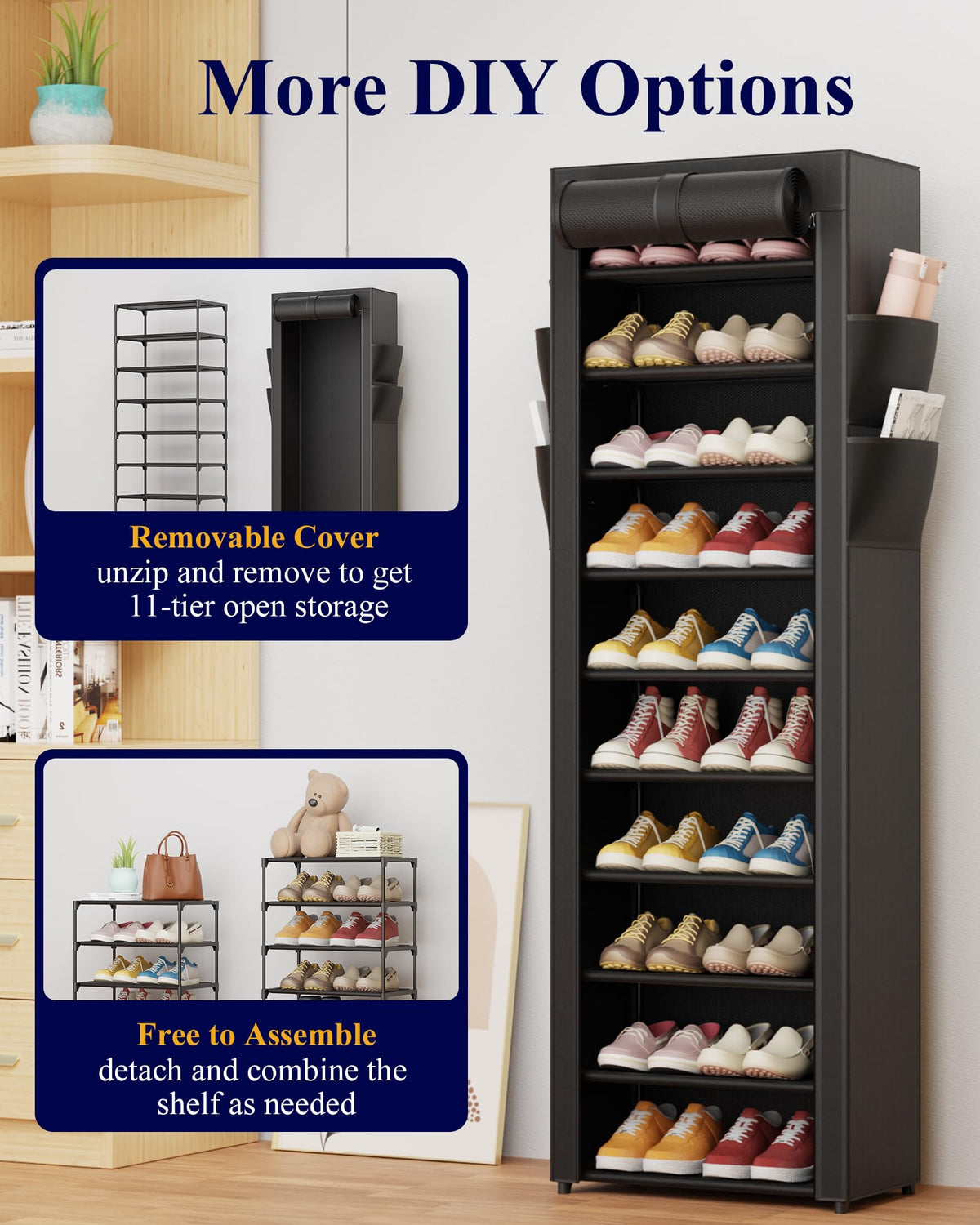 Kitsure 10-Tier Shoe Rack with Cover, Vertical Shelf, 17.5" Wide, Black