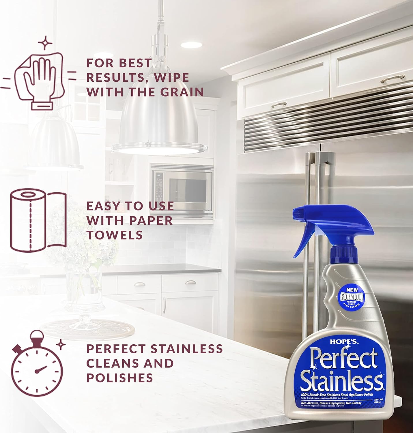 HOPE'S Perfect Stainless Steel Cleaner 22-Ounce, Streak-Free Self-Polishing Formula, Blocks