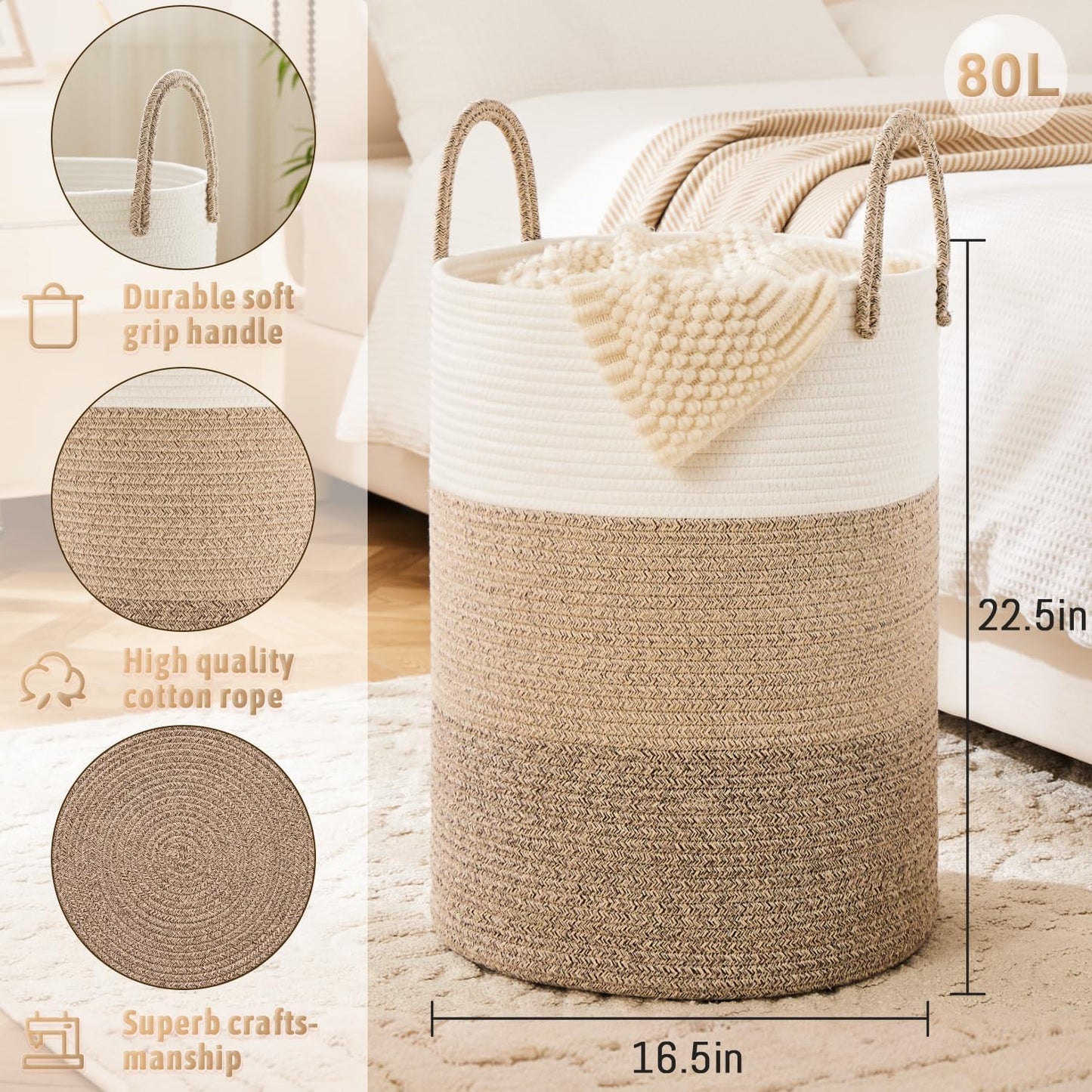 Laundry Basket,Woven Cotton Rope Laundry Hamper,80L for Decorative Storage of Dirty Clothes,Toys