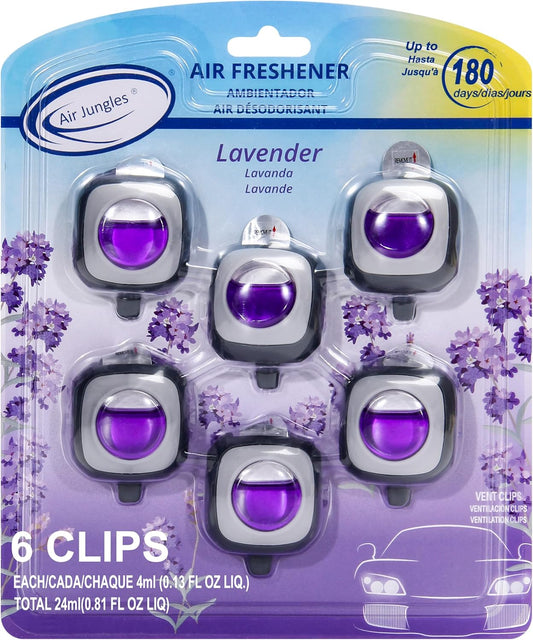 Air Jungles Lavender Scent Car Air Freshener Clip, 6 Vent Clips, 4ml Each, Long Lasting Air