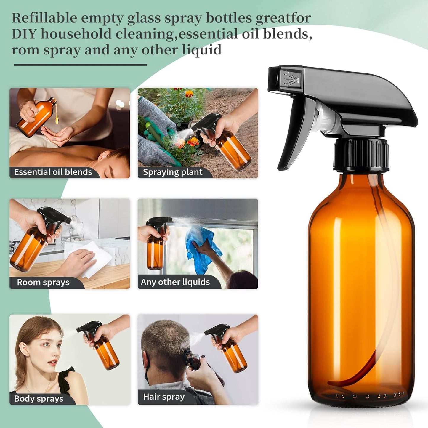 8oz Amber Glass Spray Bottles,6 Pack Glass Spray Bottles Refillable Empty Bottle with Adjustable