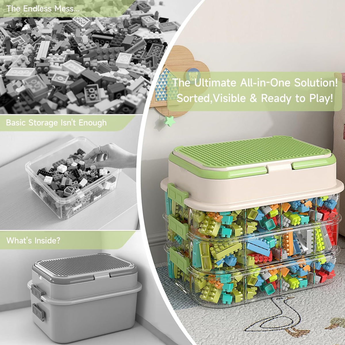 Toy Storage Organizer Box with Handle, Stackable Building Block Toy Box with Building Plate Lid &