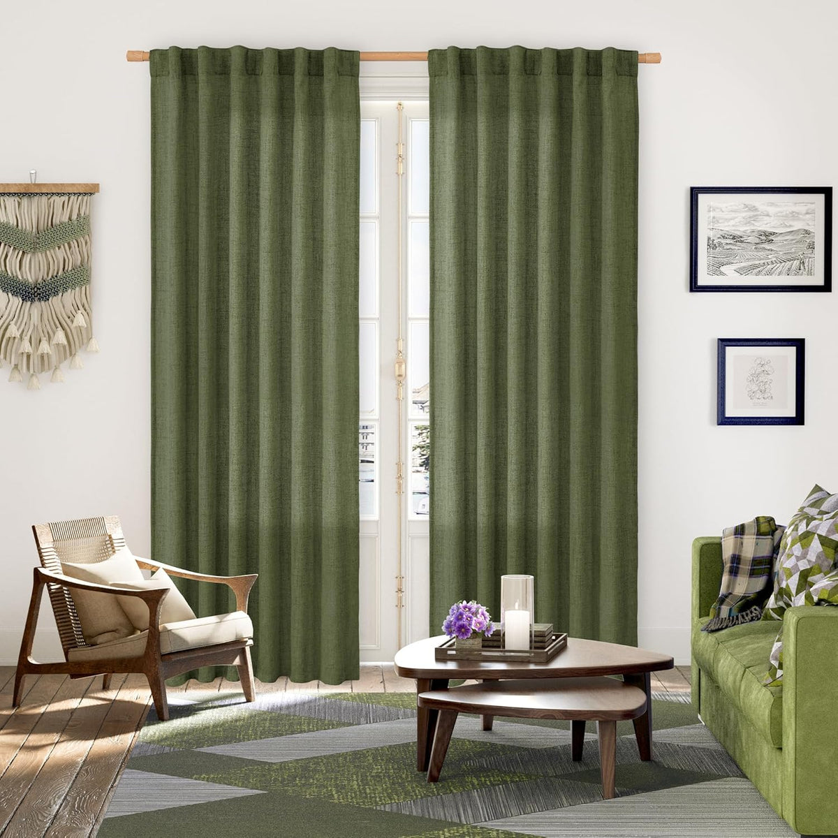 YoungsTex Olive Green Linen Curtains for Living Room 84 Inch Length, Semi Sheer Drapes with Rod