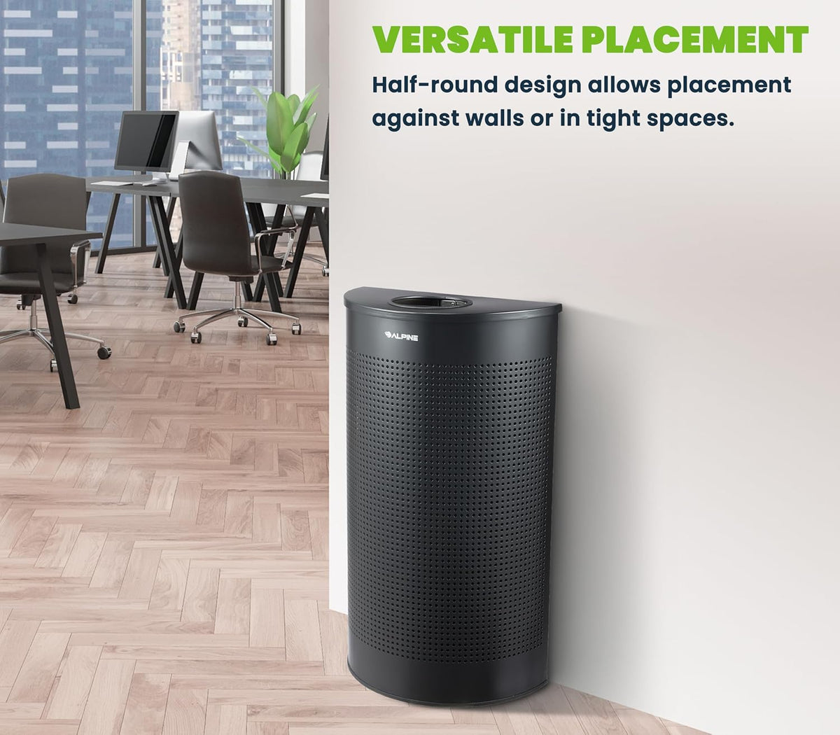 Alpine Half Round Trash Can Open Top - Modern Black Metal 12 Gallon, Space Saving Indoor Commercial