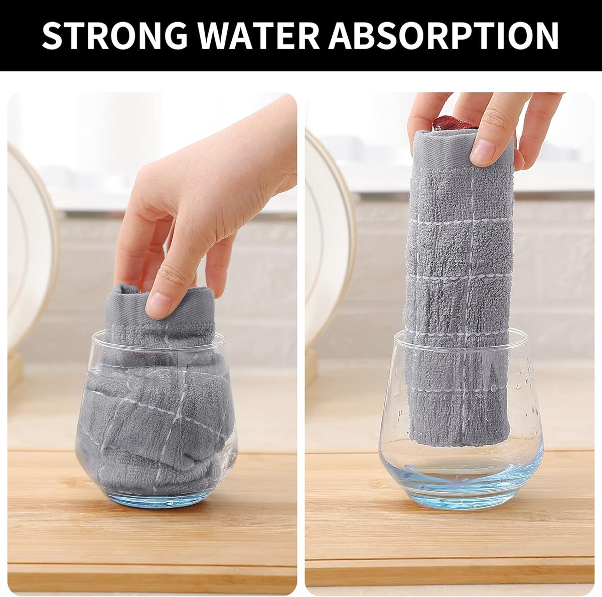 Homaxy 100% Cotton Terry Kitchen Towels(Light Grey, 13 x 28 Inches), Checkered Designed, Soft and