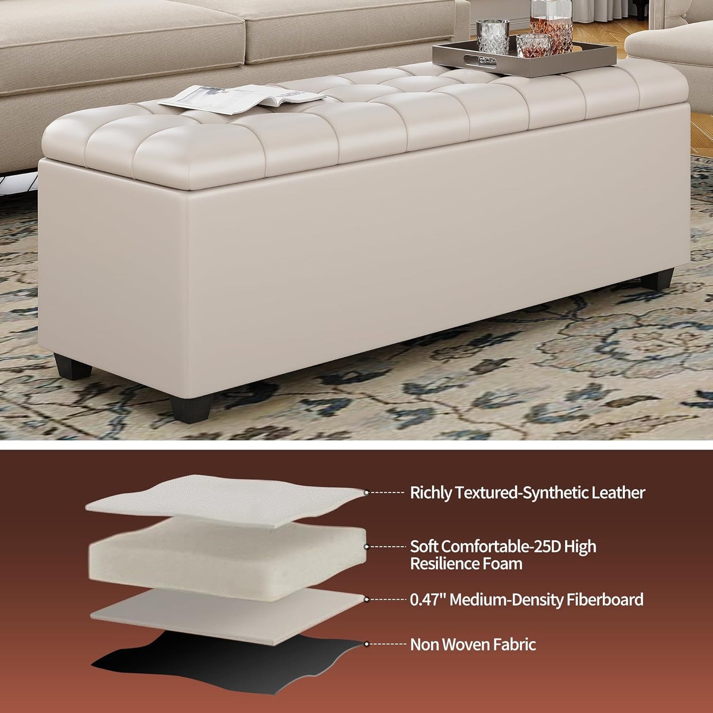 Small 38 Inches Long White Ottoman Bench with Storage,Footstool Furniture End of Bed Benches,Faux