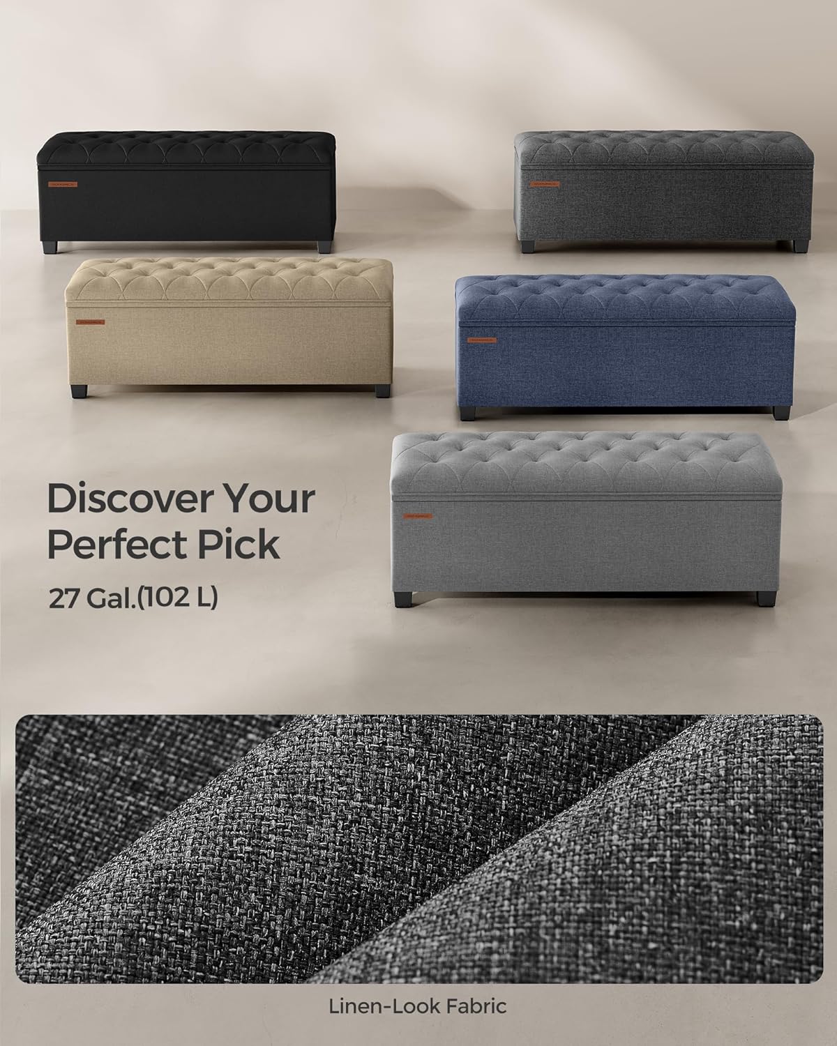SONGMICS Storage Ottoman Bench, Foot Rest with Legs, 15.7 x 43.3 x 15.7 Inches, End of Bed Bench