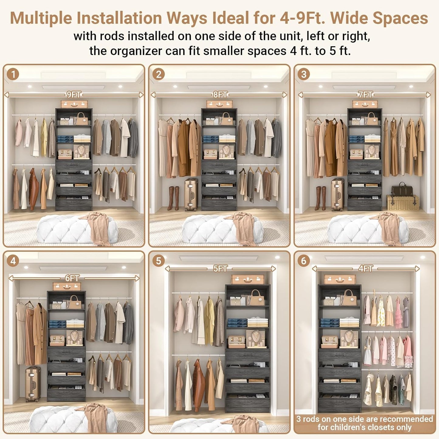 Aheaplus Closet System, 4-9 Ft Closet Organizer with 4 Wooden Drawers, Wood Closet Organizer System