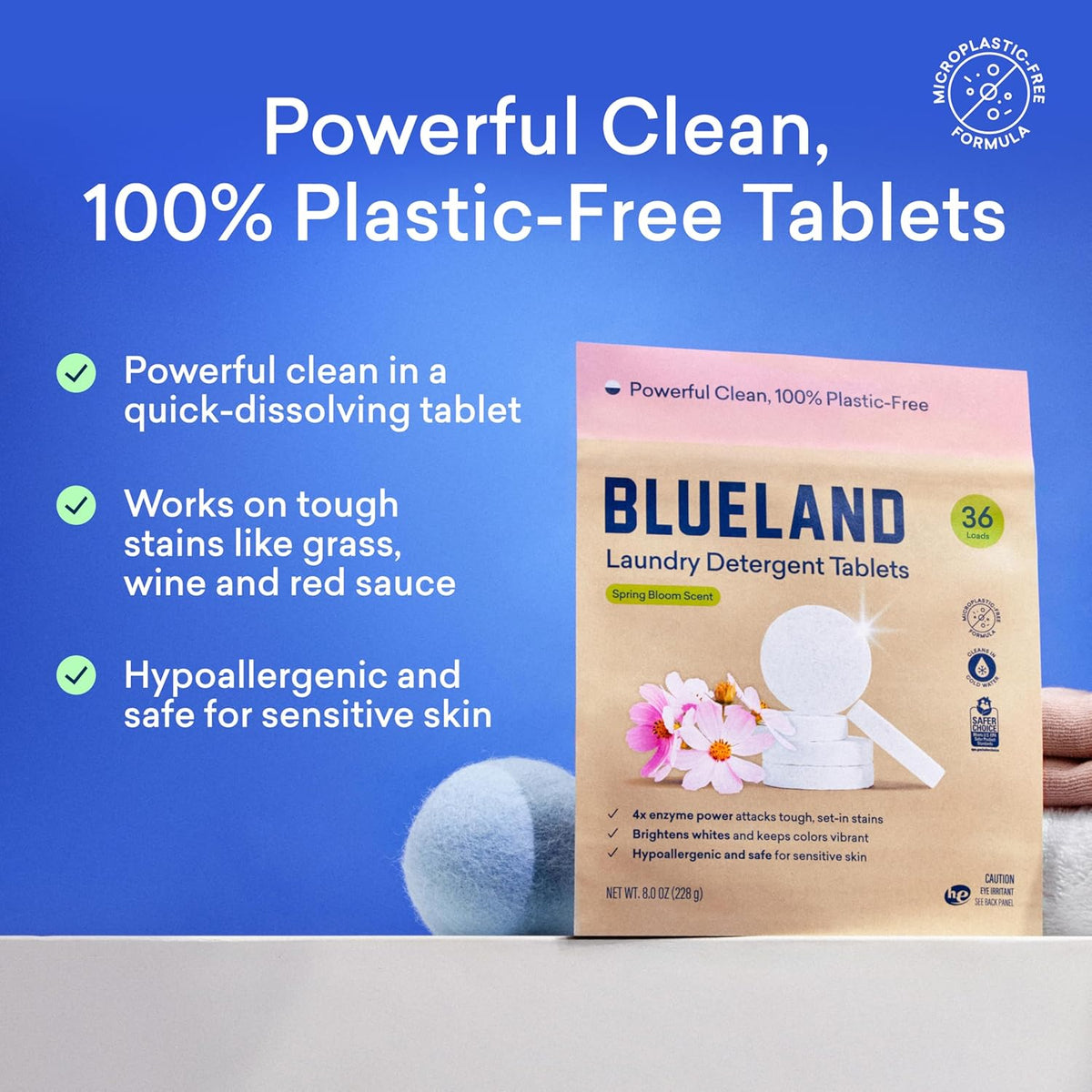 BLUELAND Laundry Detergent Tablets, 60 Count, Spring Bloom Scent, Plastic-Free Eco-Friendly Pods