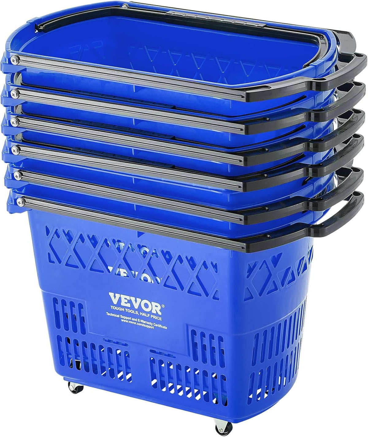 VEVOR Shopping Carts with Handles, 6PCS, 39L Plastic Rolling Shopping Basket with Wheels, Large