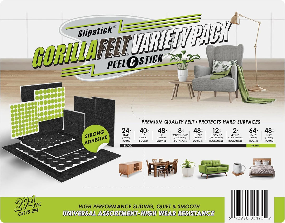 Slipstick Gorilla Felt Furniture Pads (294 Piece Variety Pack) Premium Furniture Pads & Chair Leg